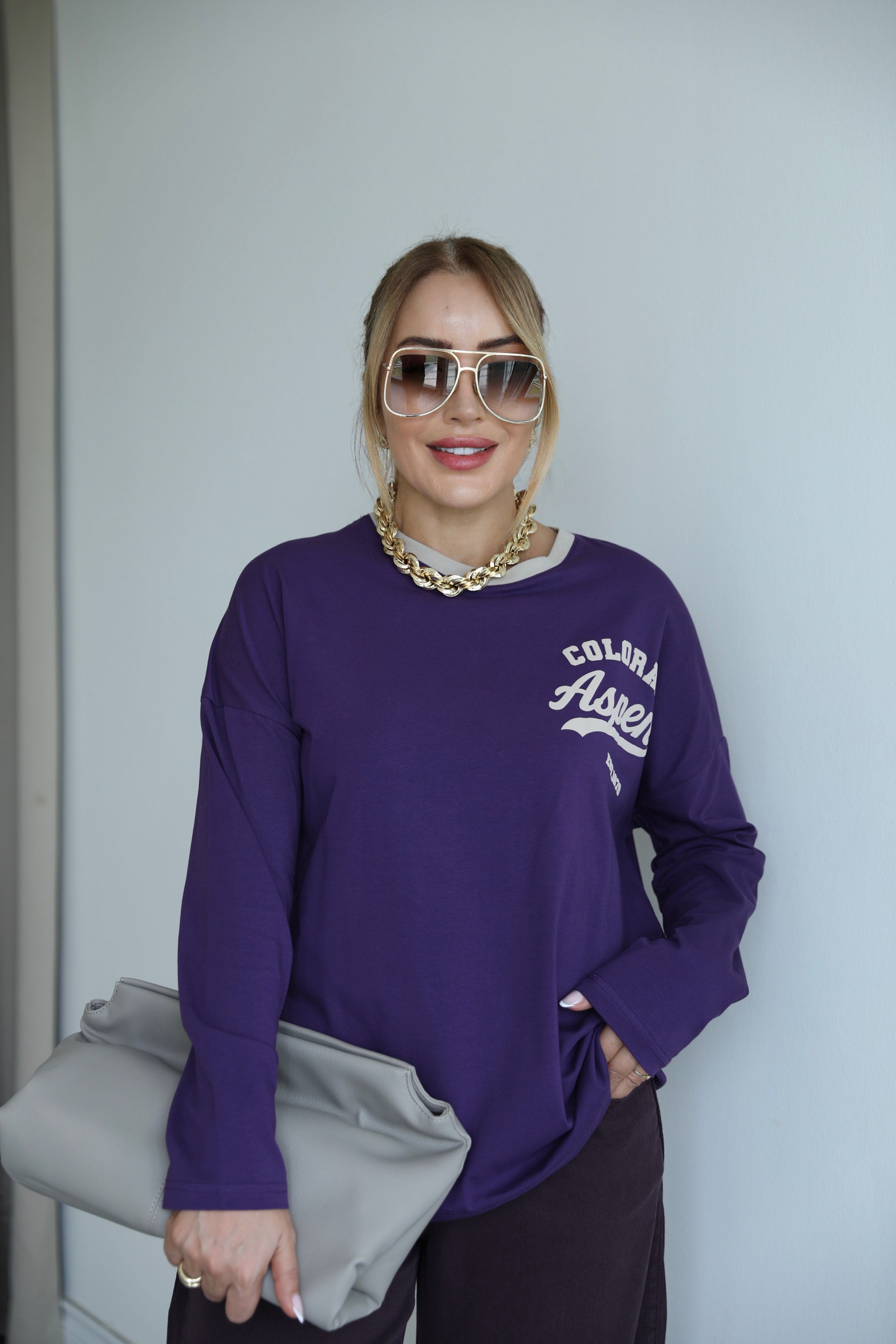 Mor Krem Yazılı Basic T-shirt 