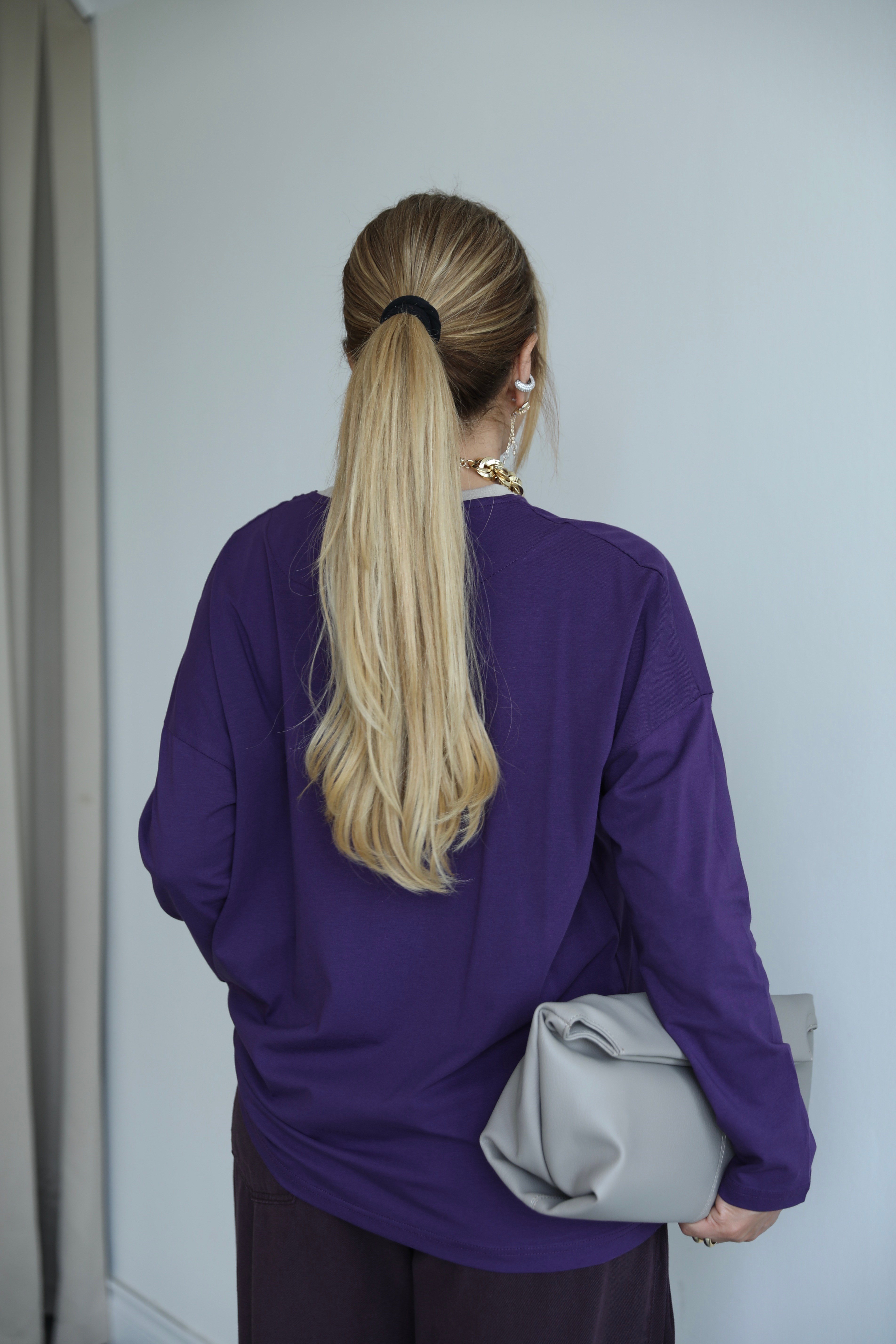 Mor Krem Yazılı Basic T-shirt 