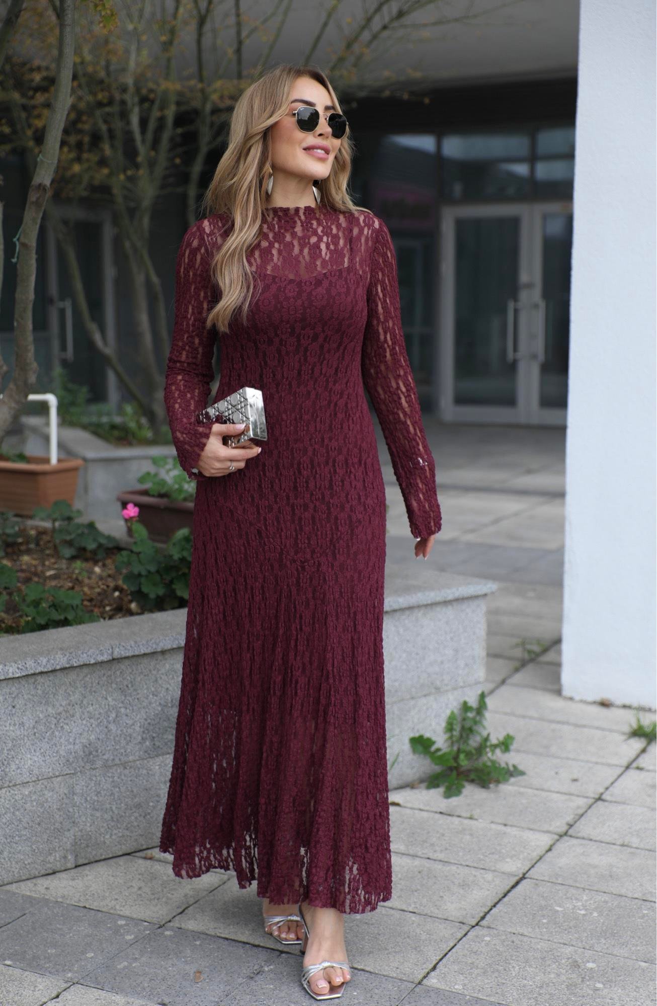 Mürdüm Dantel Maxi Elbise