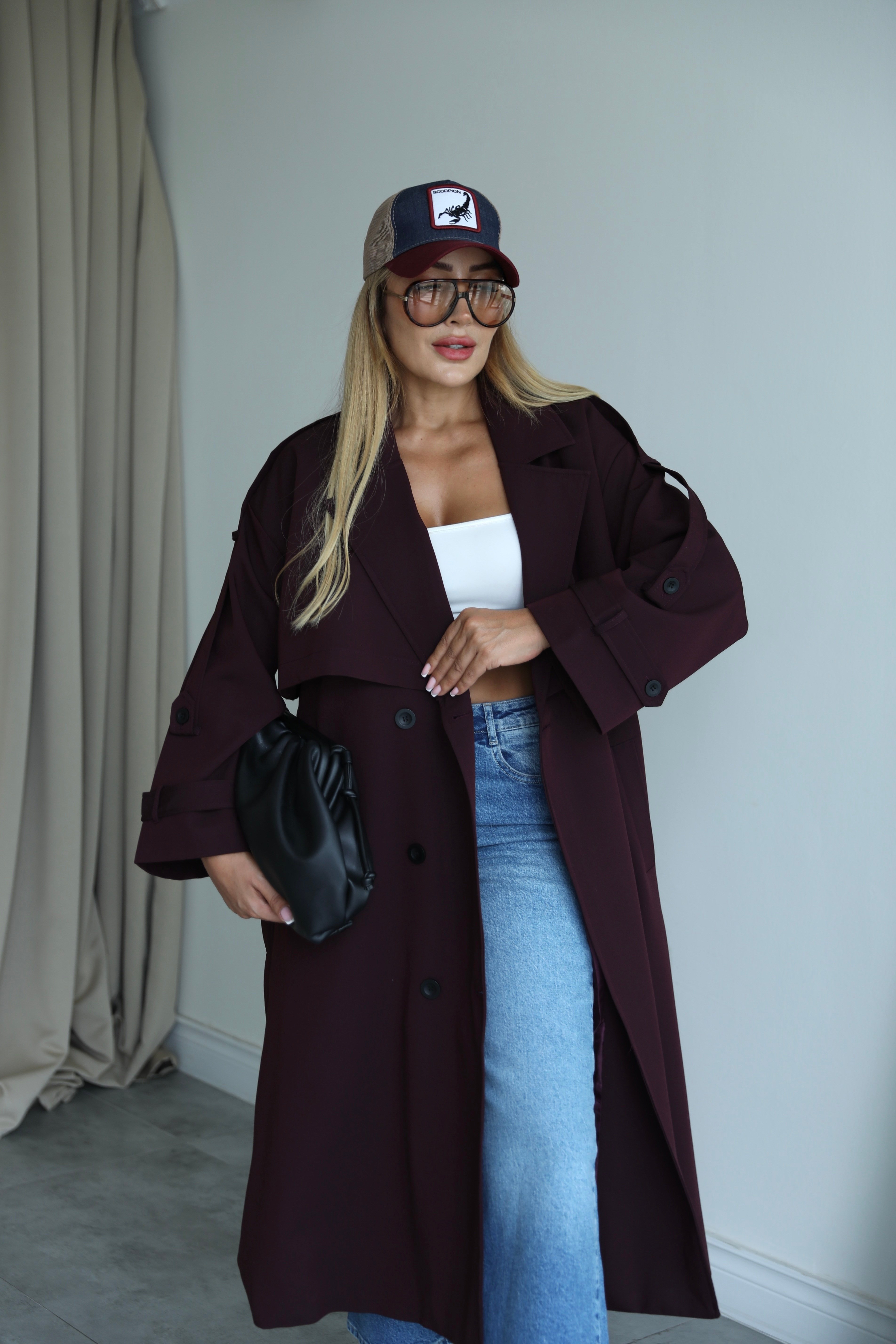 Mürdüm Dokuma Oversize Trençkot