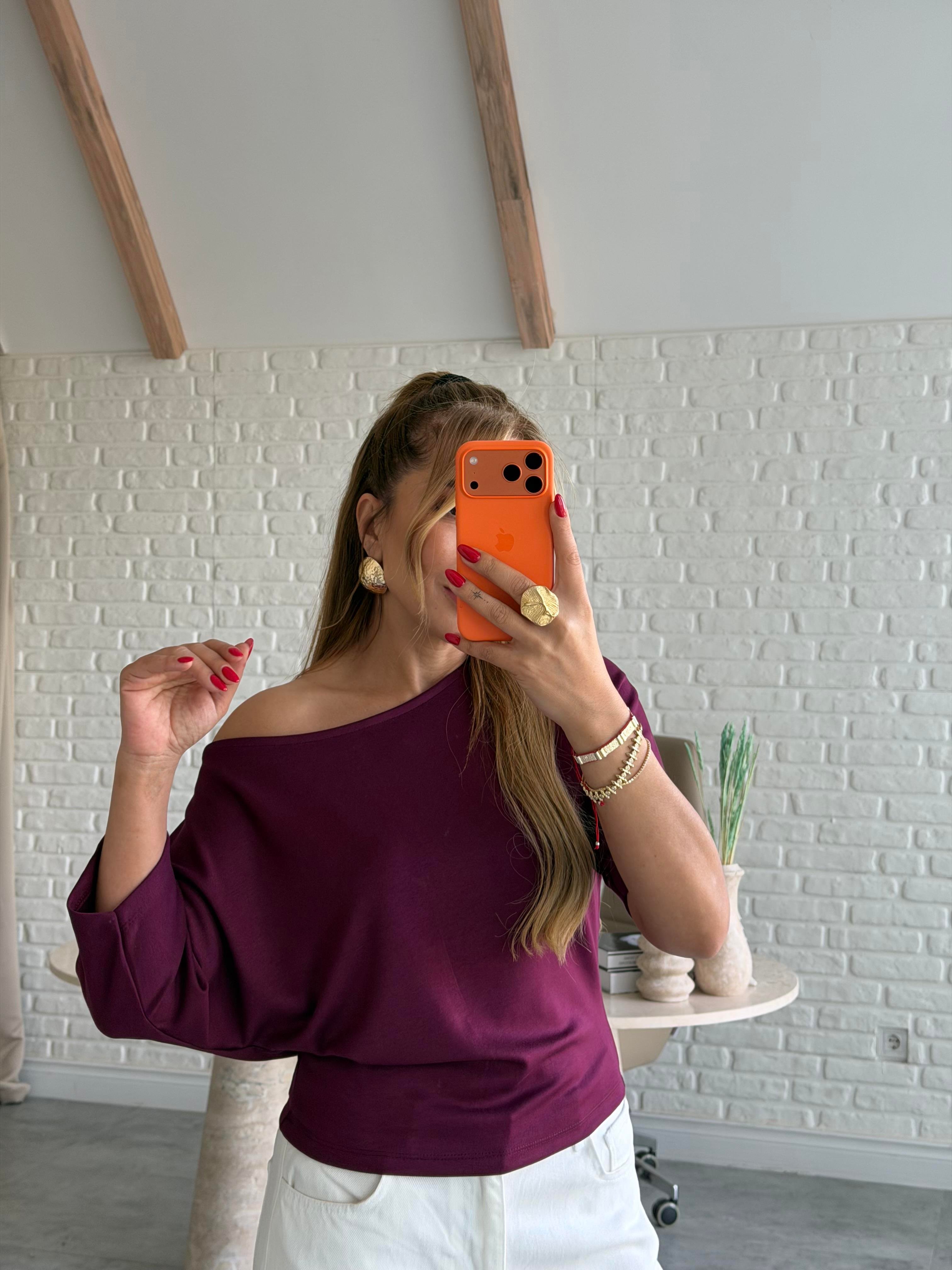 Mürdüm Düşük Omuz Basic T-shirt
