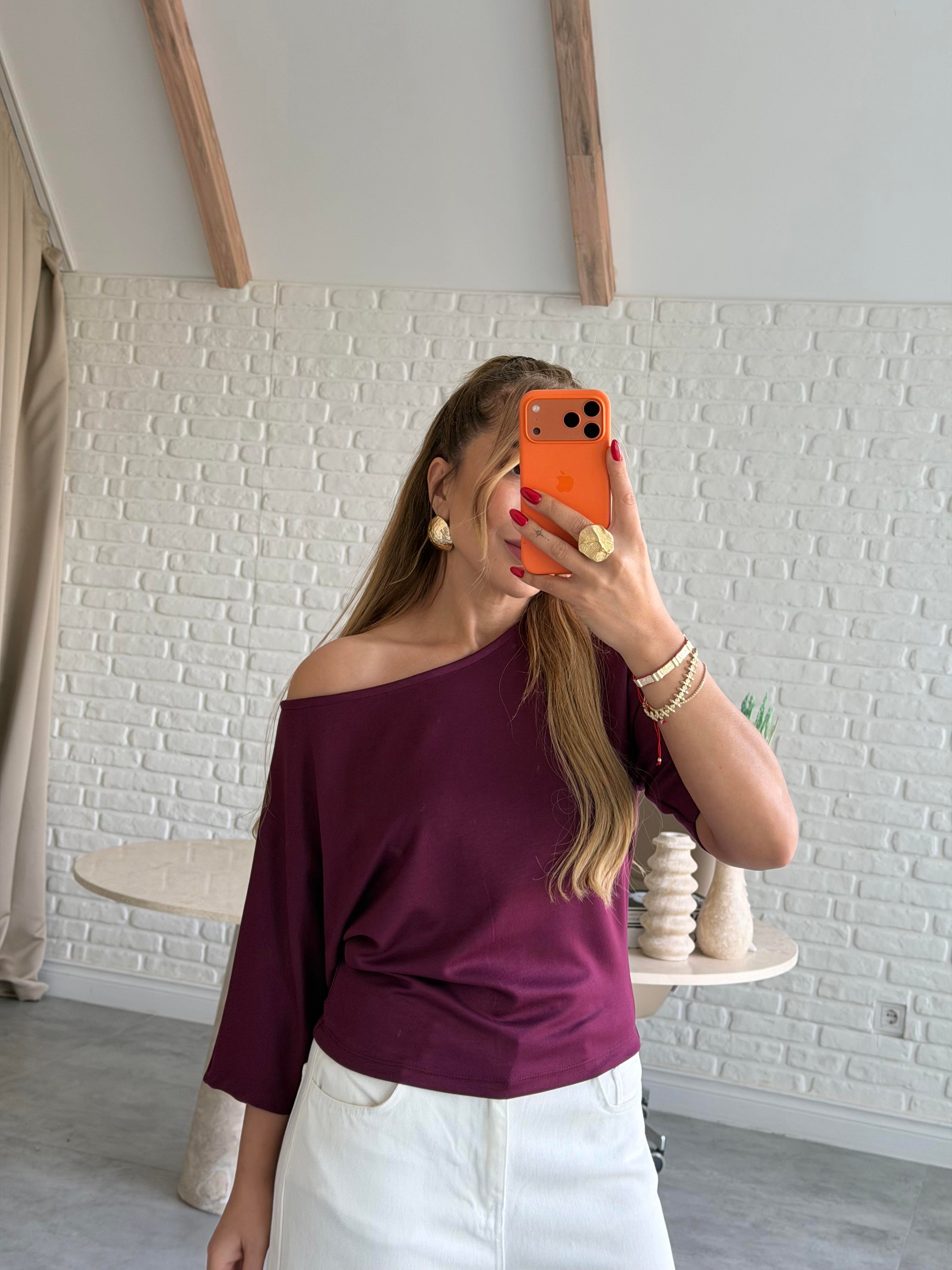 Mürdüm Düşük Omuz Basic T-shirt