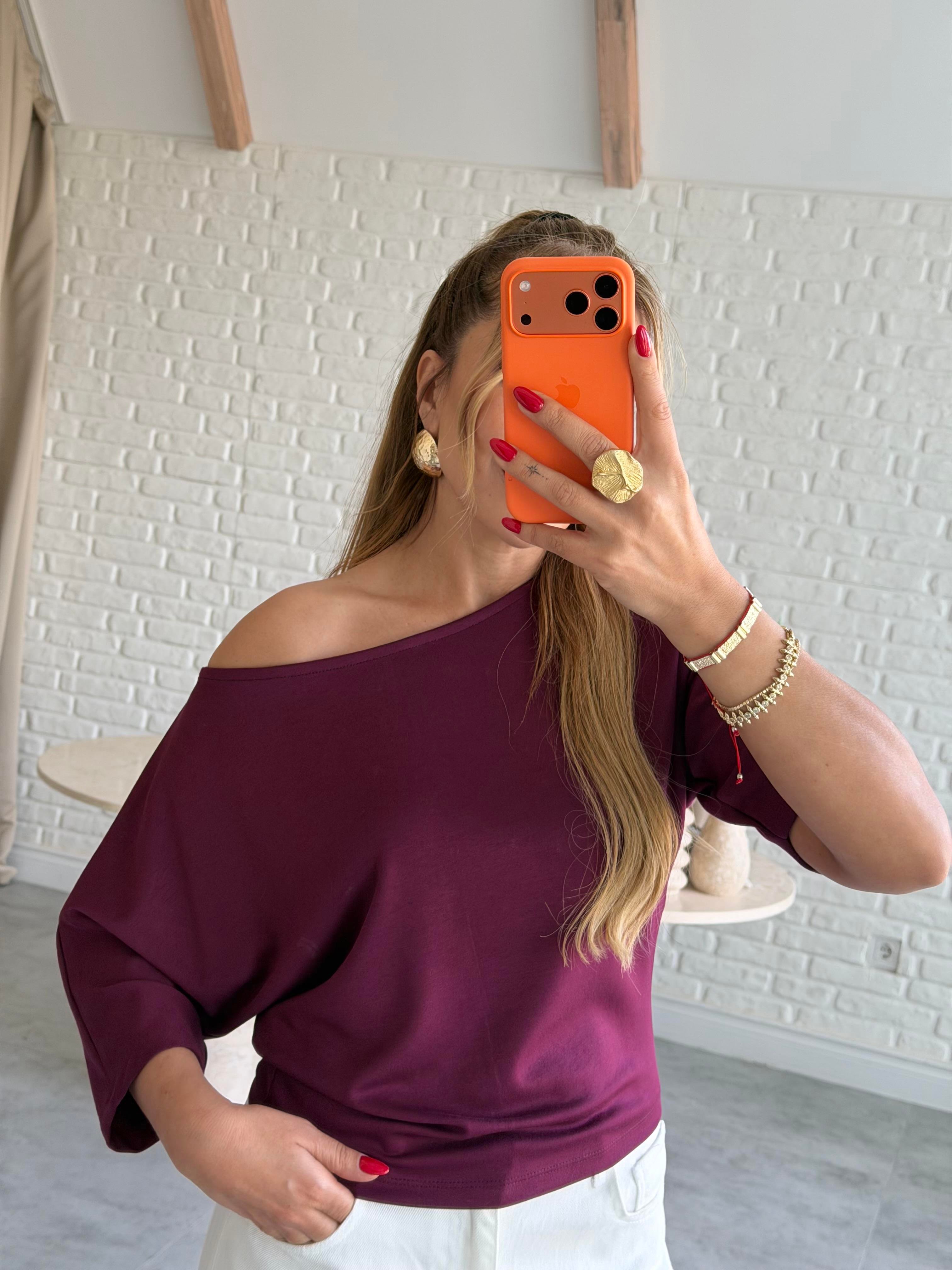 Mürdüm Düşük Omuz Basic T-shirt