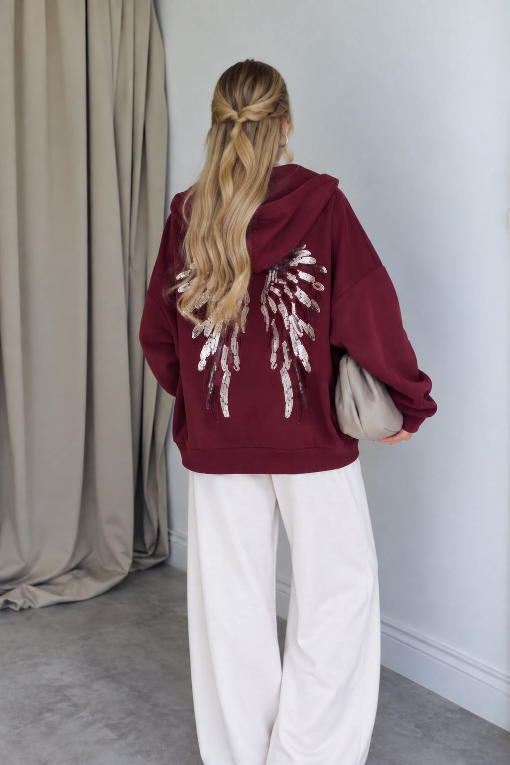 Mürdüm Kanat Nakışlı Sweat Hırka