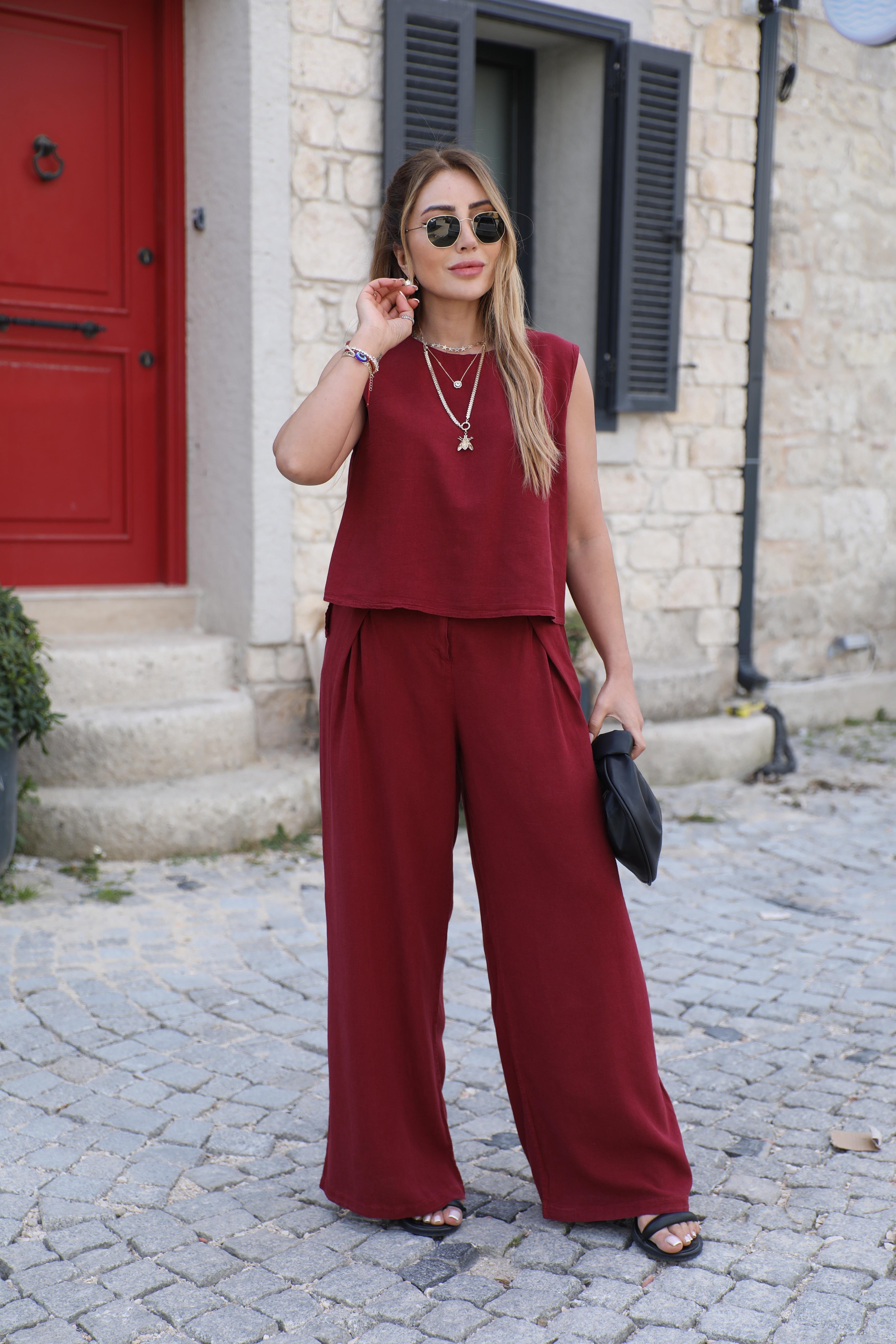 Mürdüm Keten Bluz Pantolon Takım 