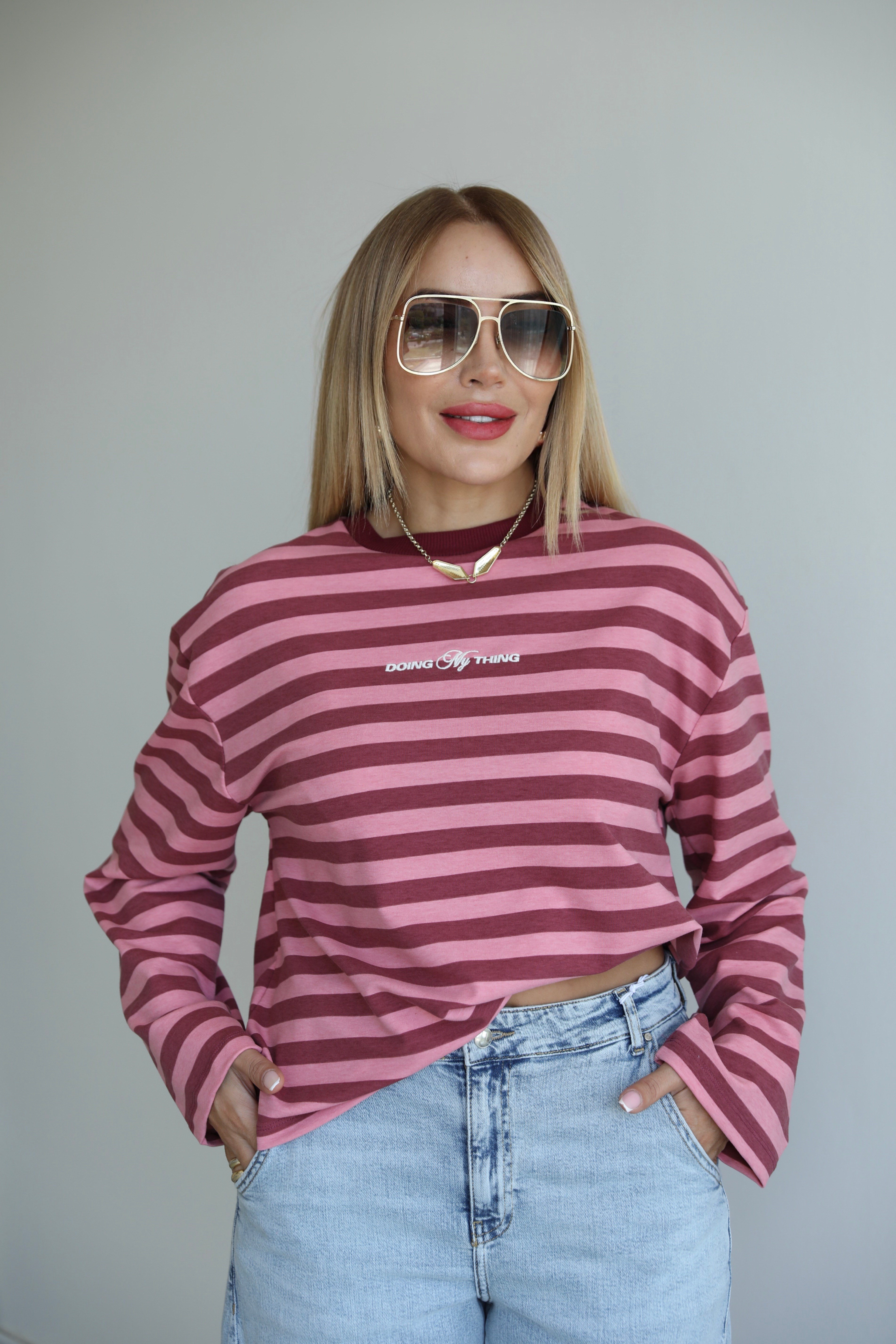 Mürdüm Pembe Çizgili Sweat