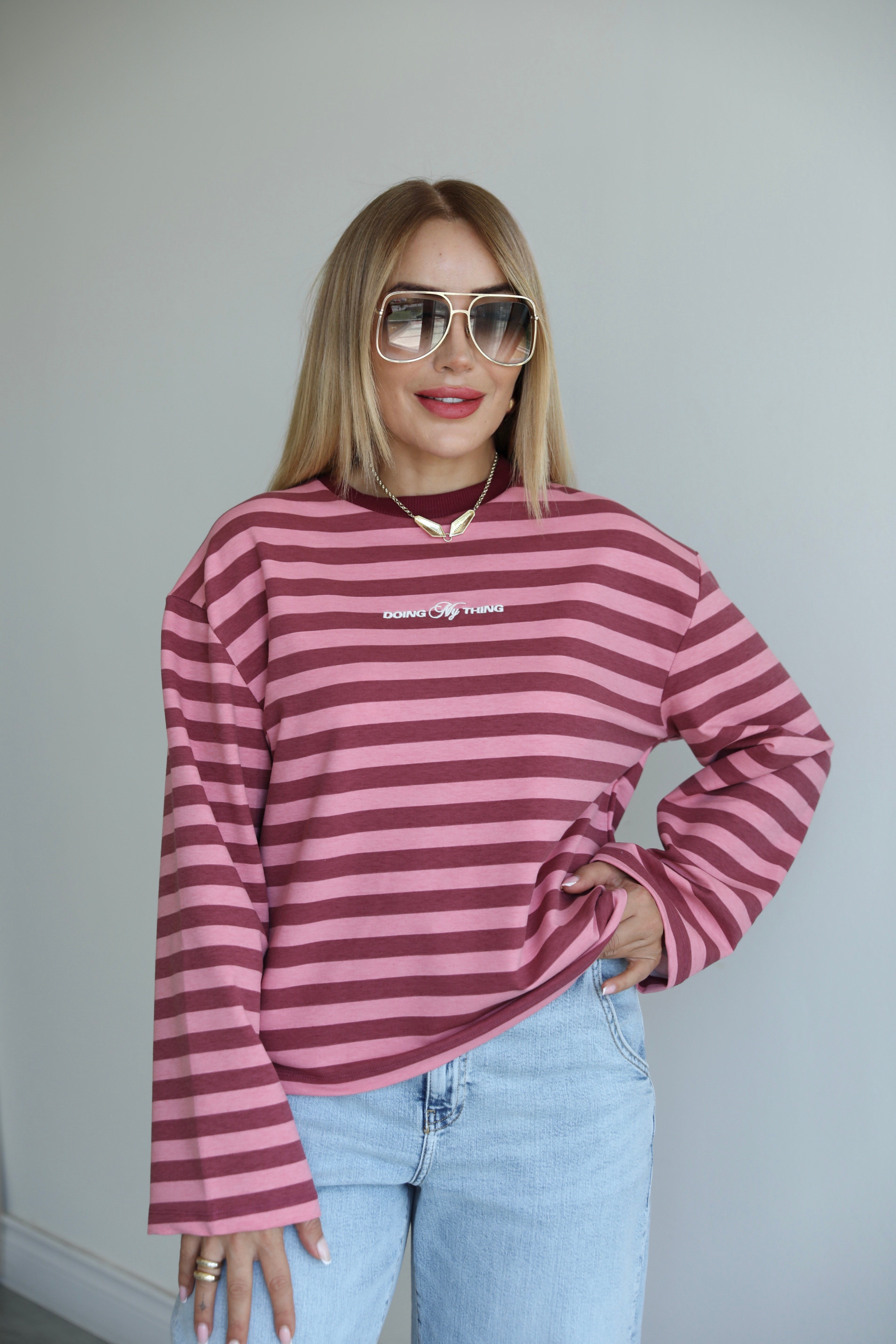 Mürdüm Pembe Çizgili Sweat
