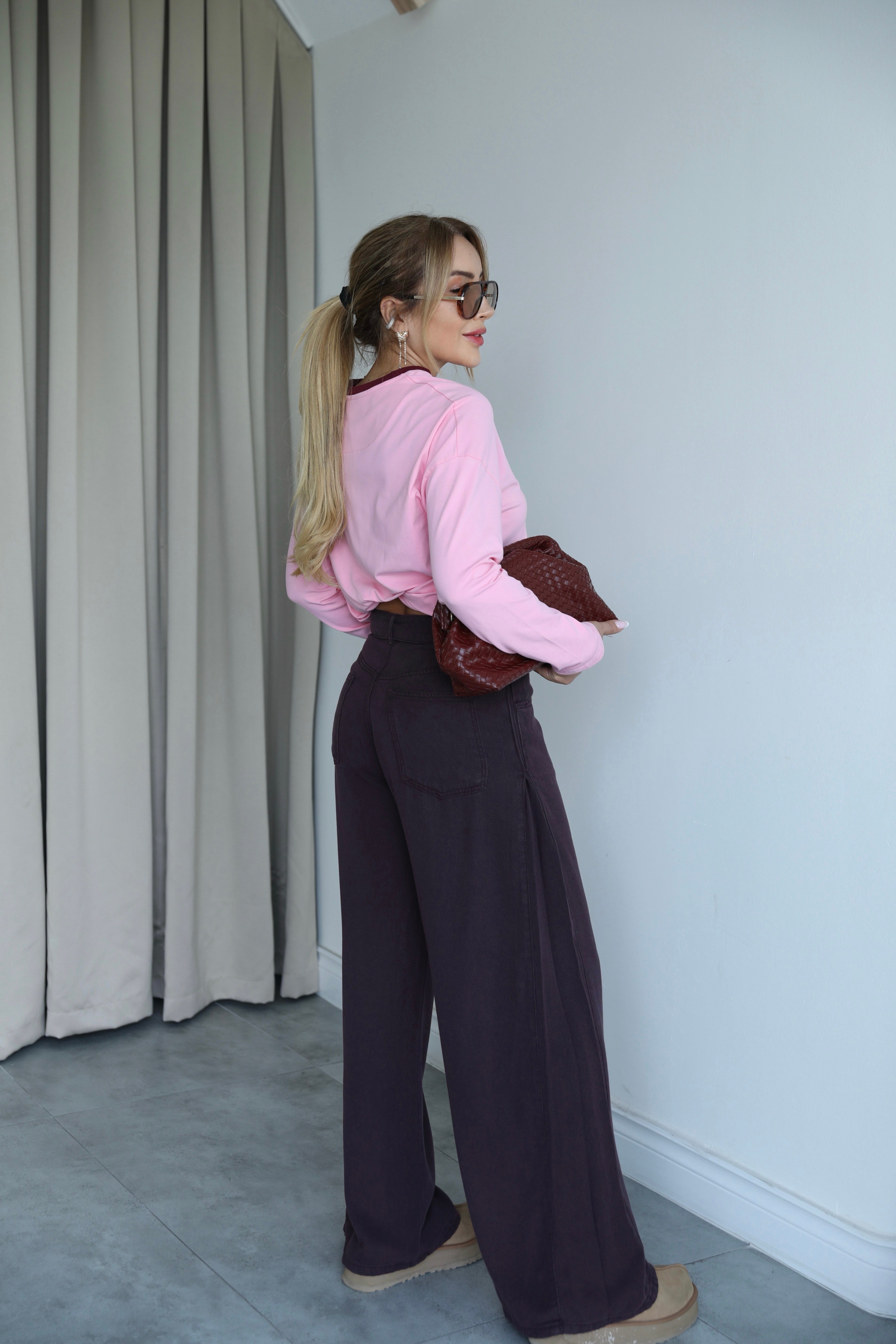 Mürdüm Tensel Bel Detaylı Pantolon 