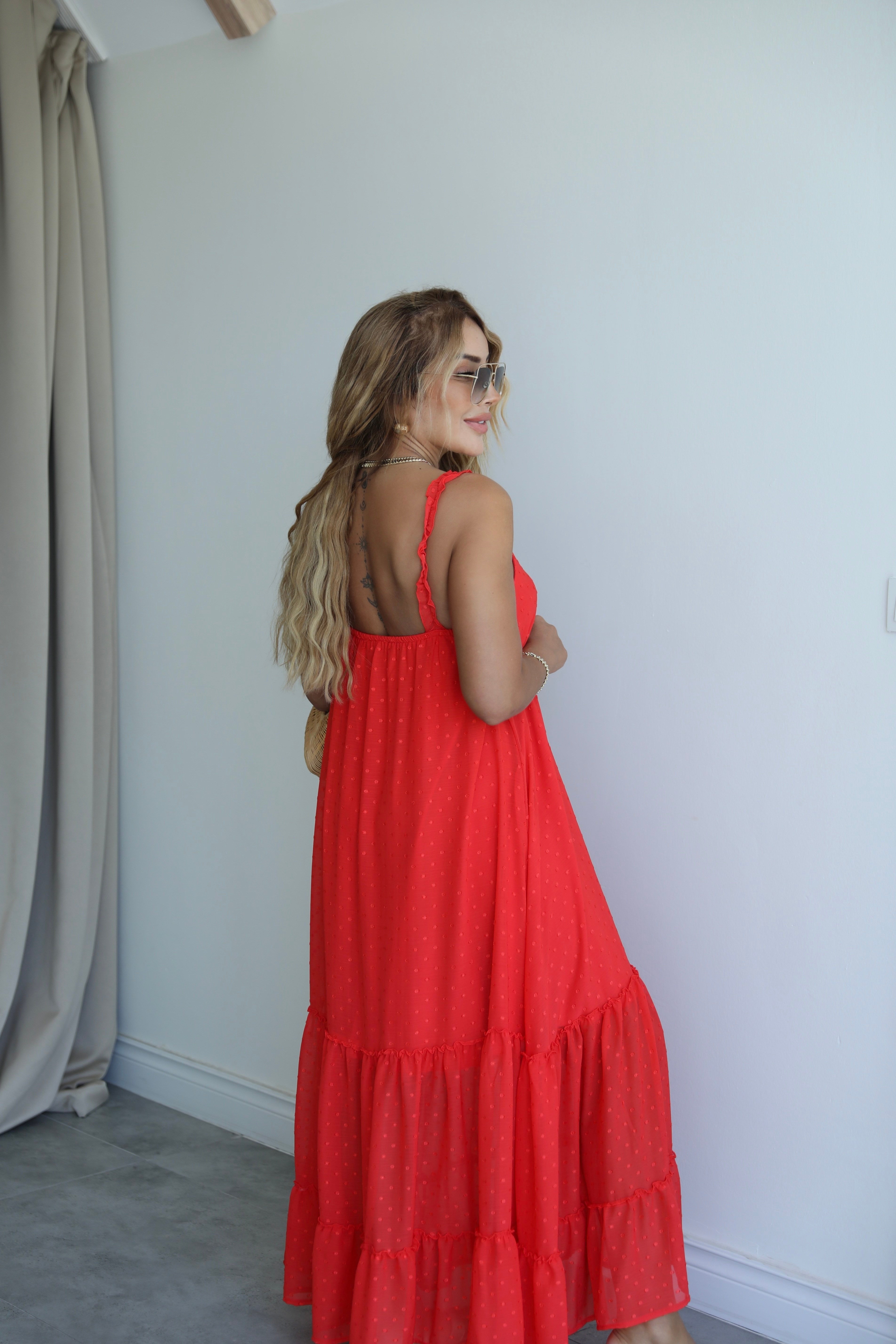Narçiçeği Şifon Fırfırlı Maxi Elbise 
