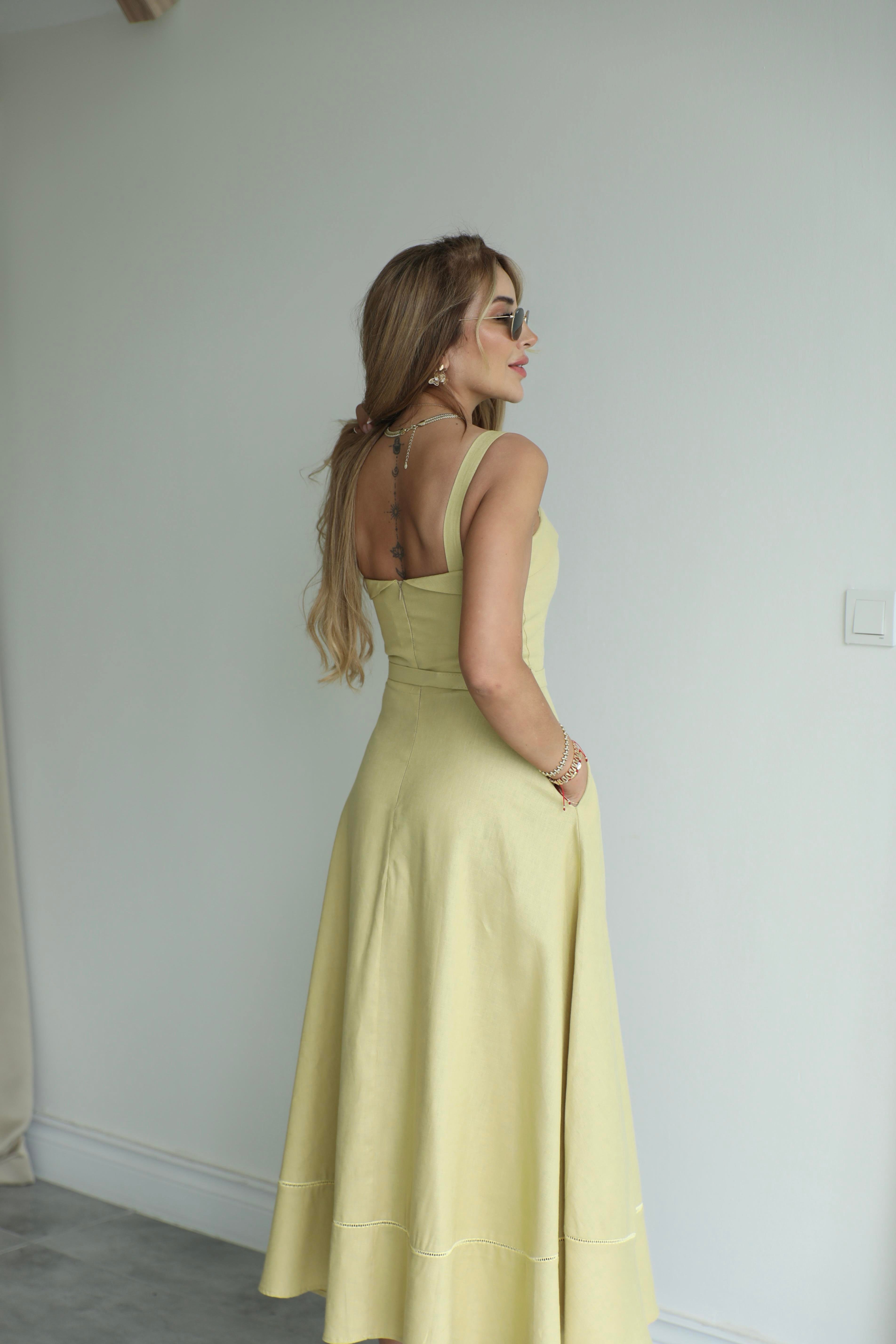 Olive Askılı Çan Keten Elbise 