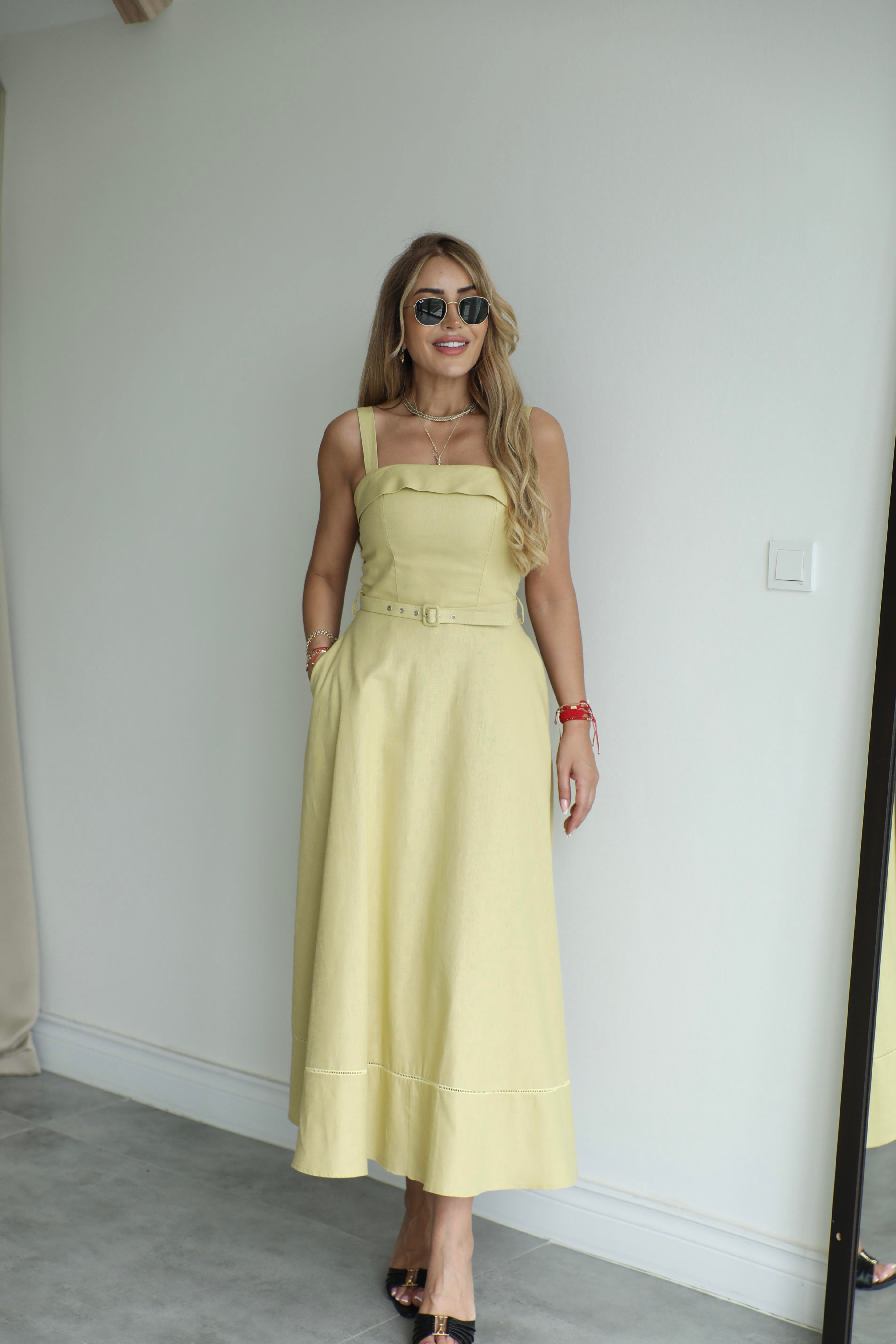 Olive Askılı Çan Keten Elbise 