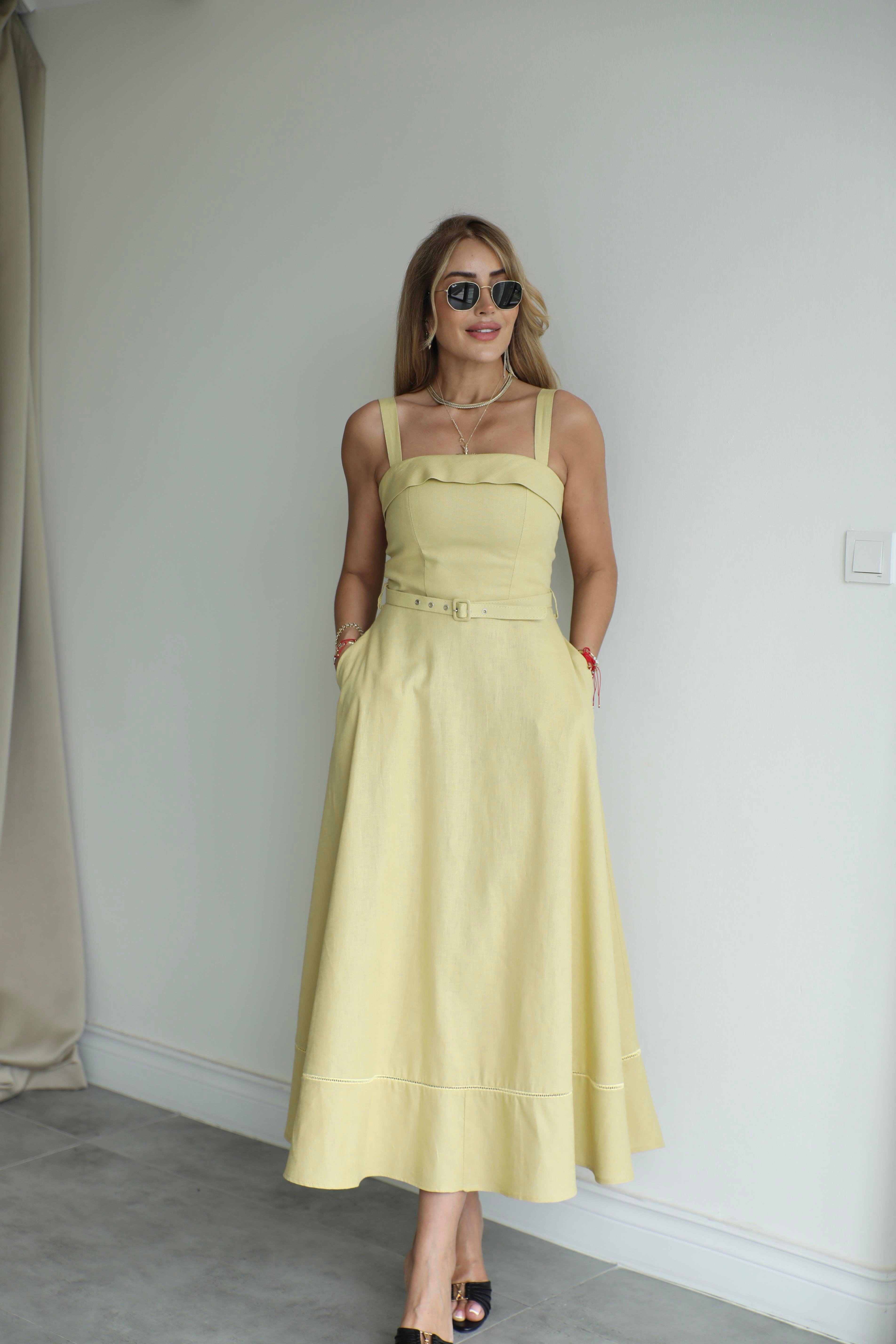 Olive Askılı Çan Keten Elbise 