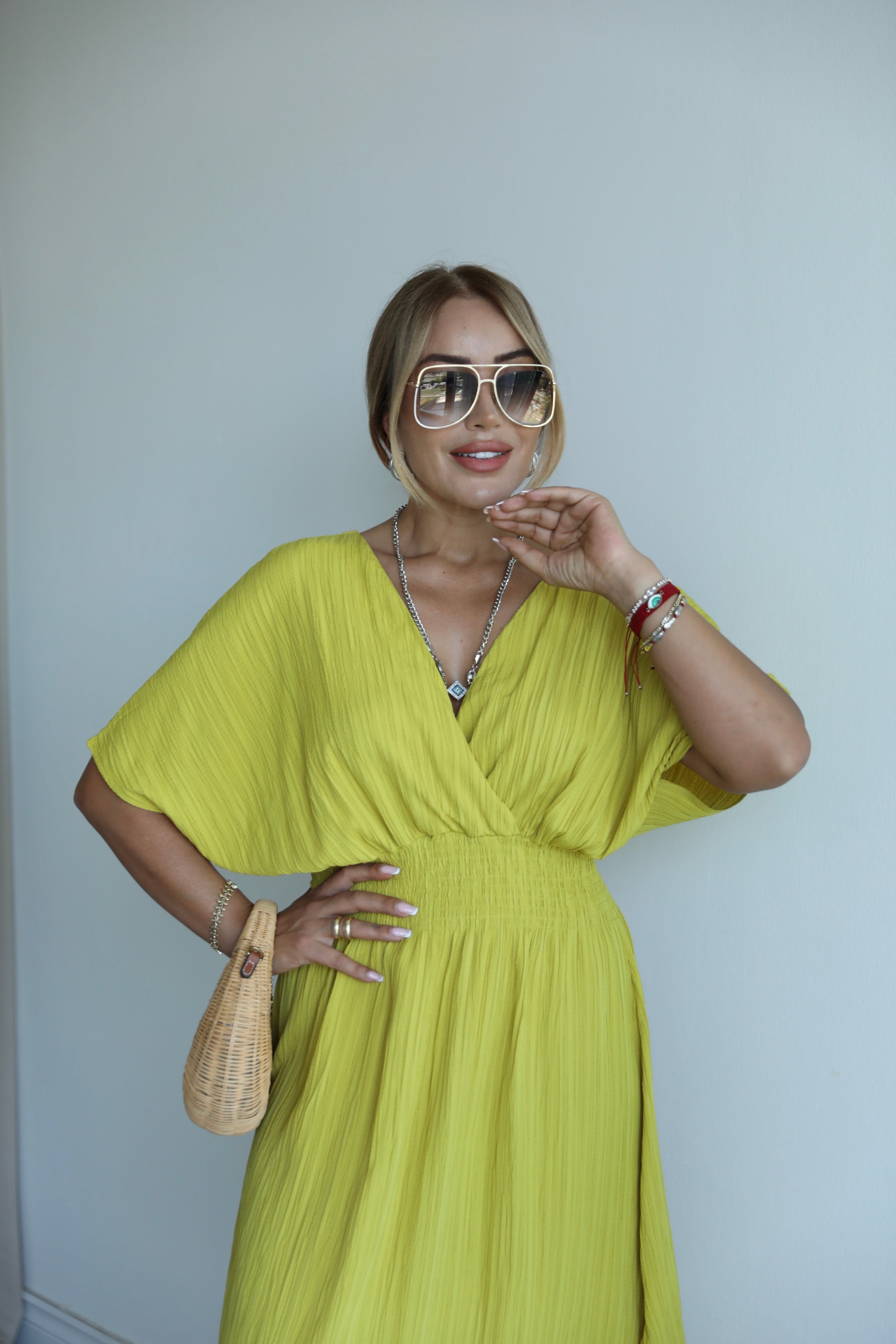 Olive Kruvaze Yırtmaçlı Elbise
