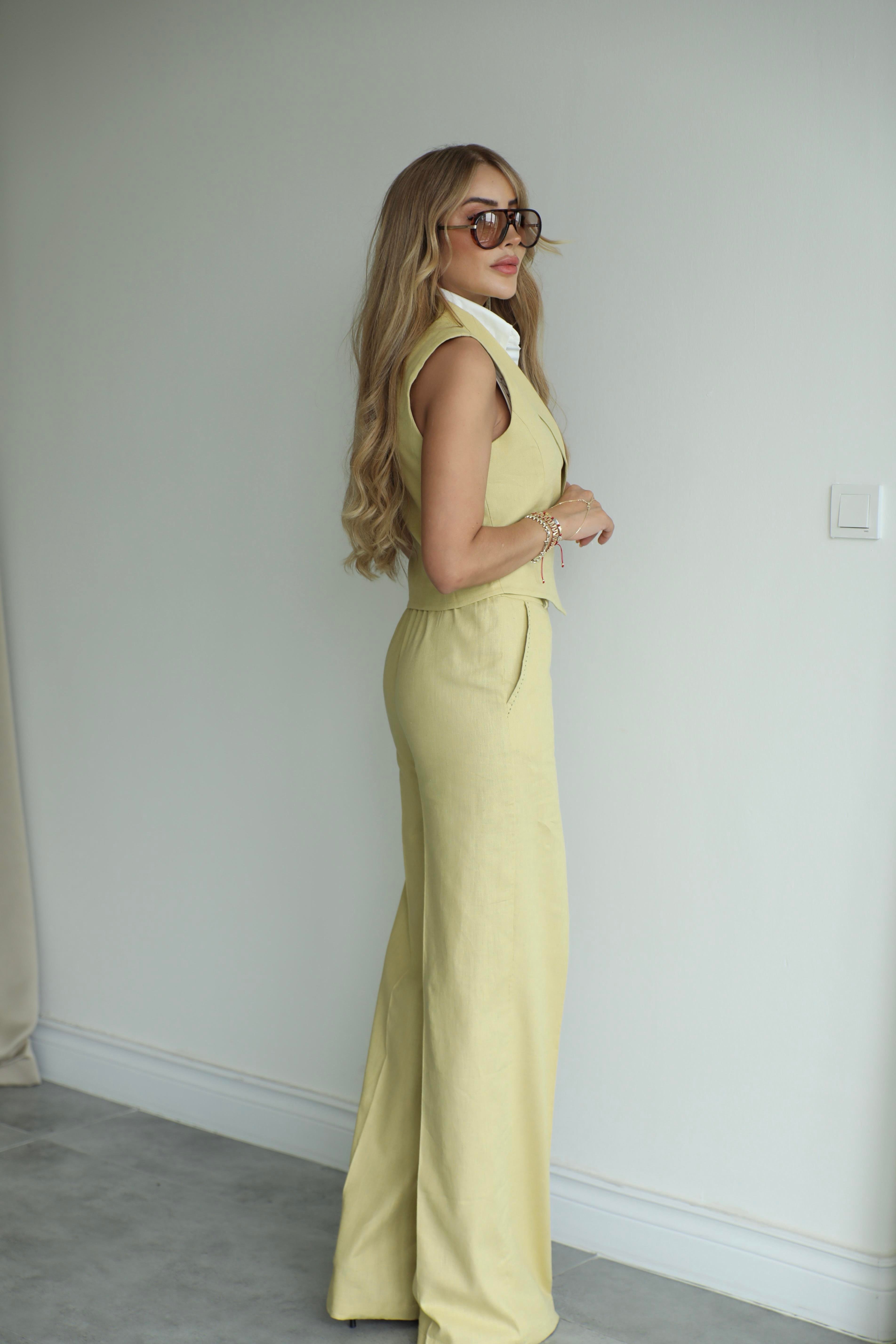 Olive Poplin Detaylı Yelek Pantolon Takım