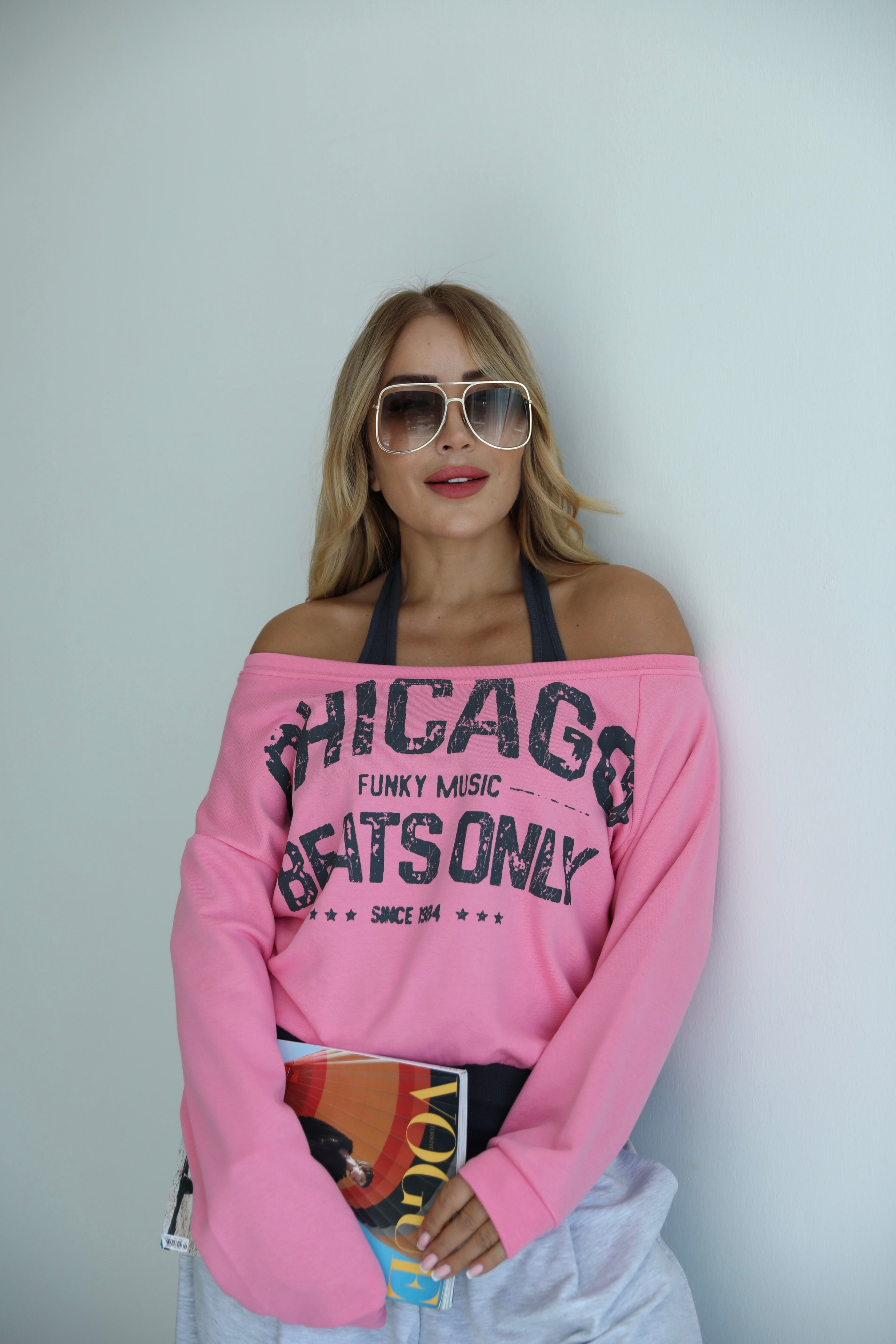Pembe Antrasit Baskılı Sweat
