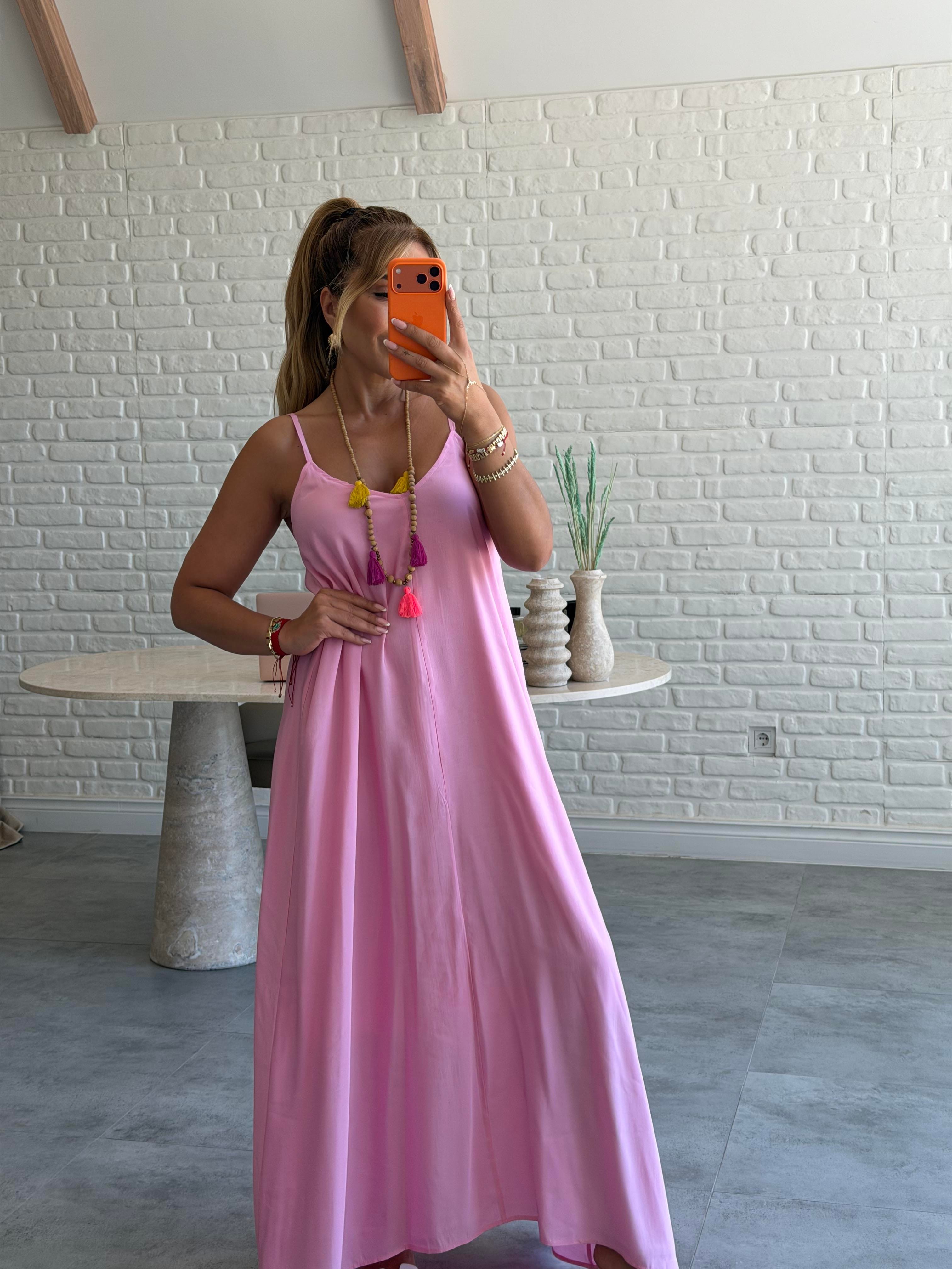 Pembe Askılı Maxi Çan Elbise