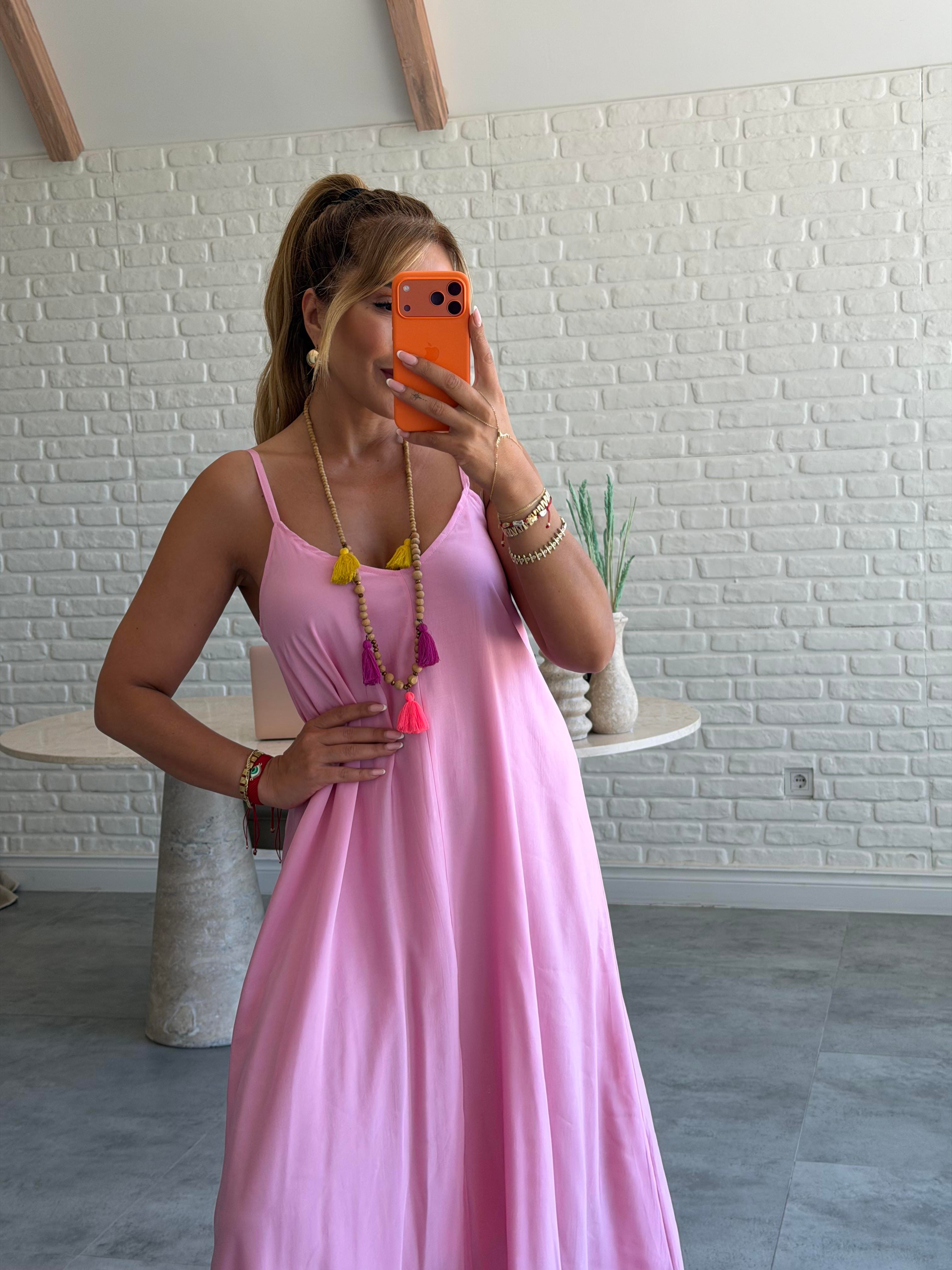 Pembe Askılı Maxi Çan Elbise
