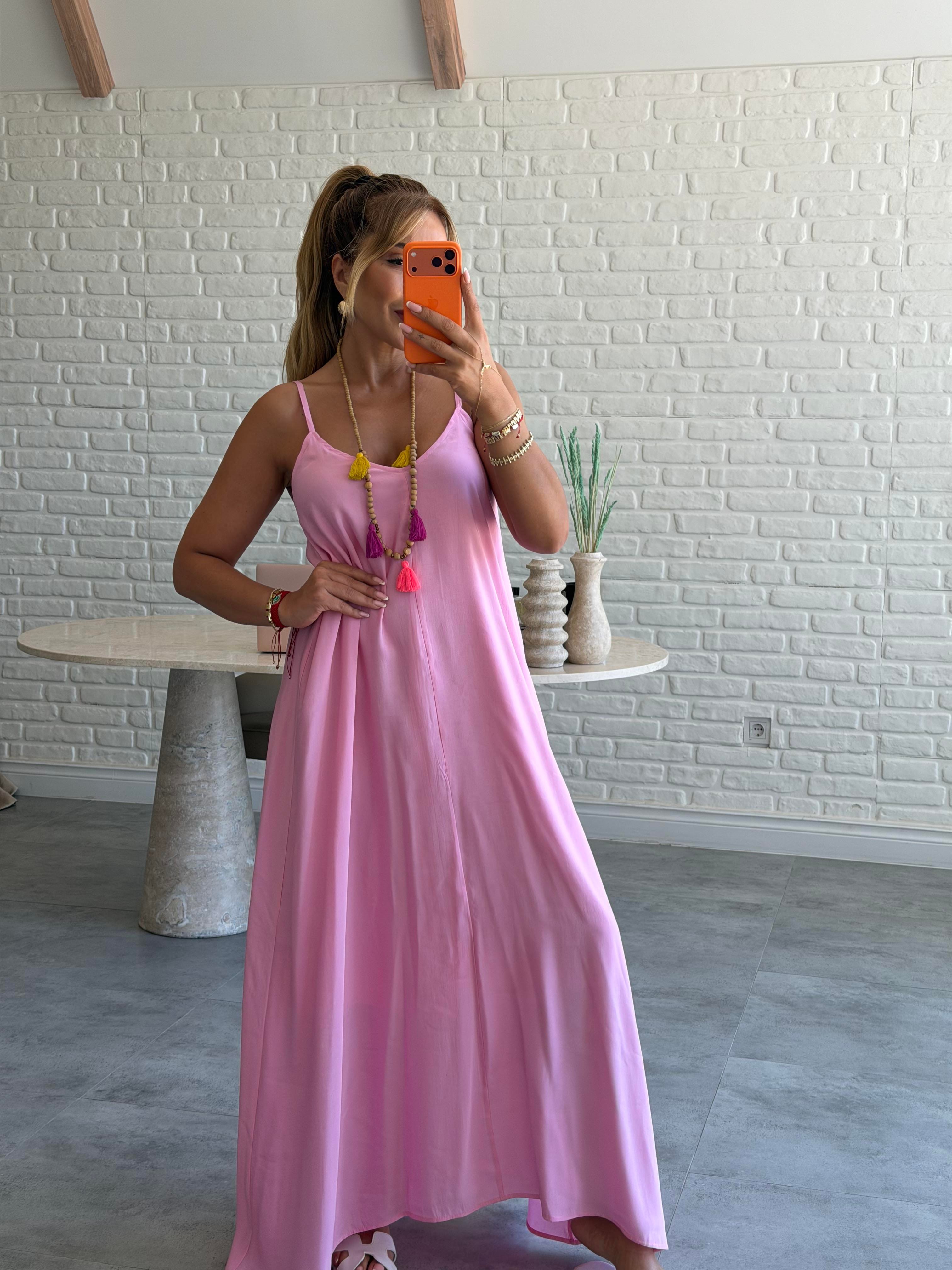 Pembe Askılı Maxi Çan Elbise