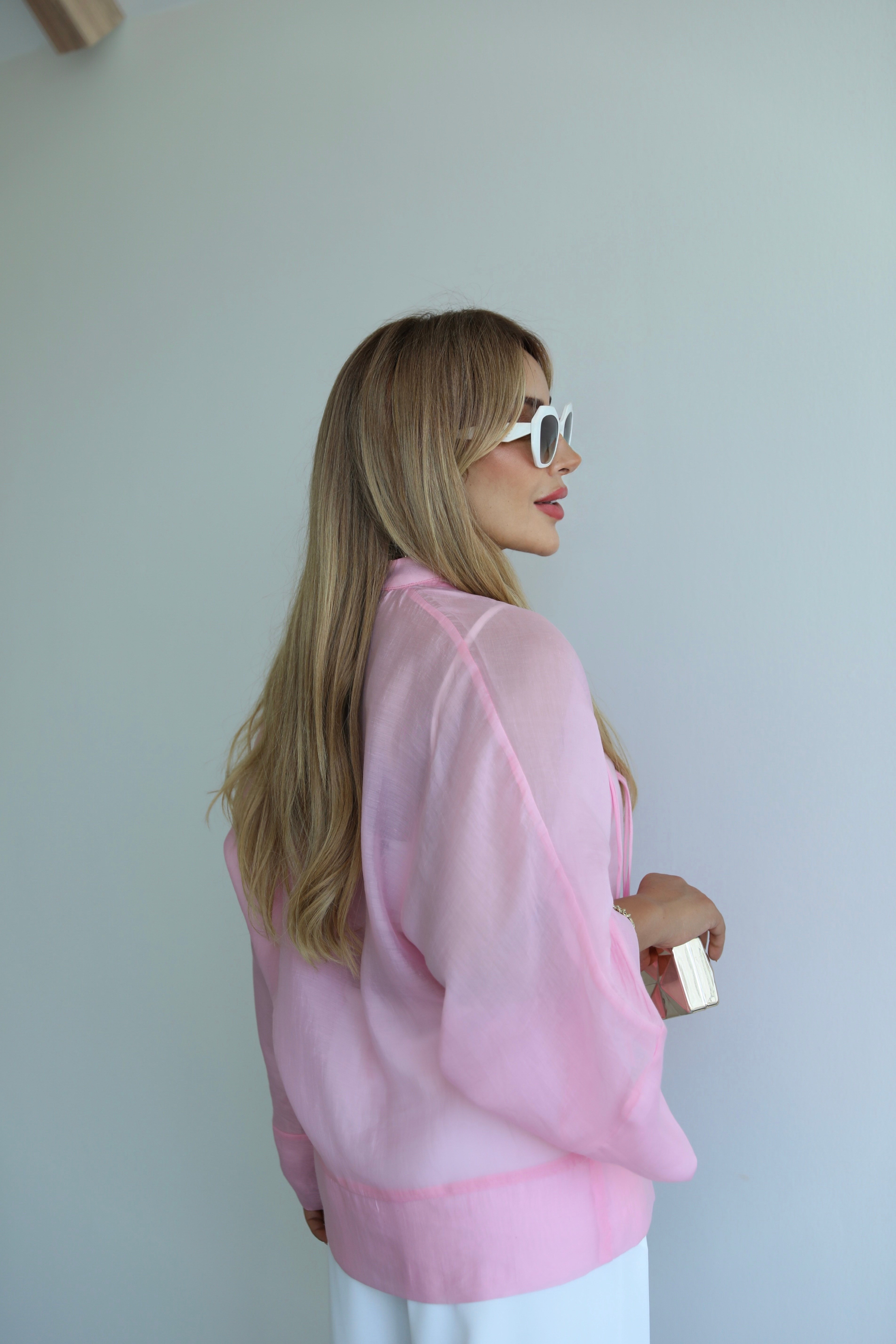 Pembe Bağlamalı Kimono Gömlek