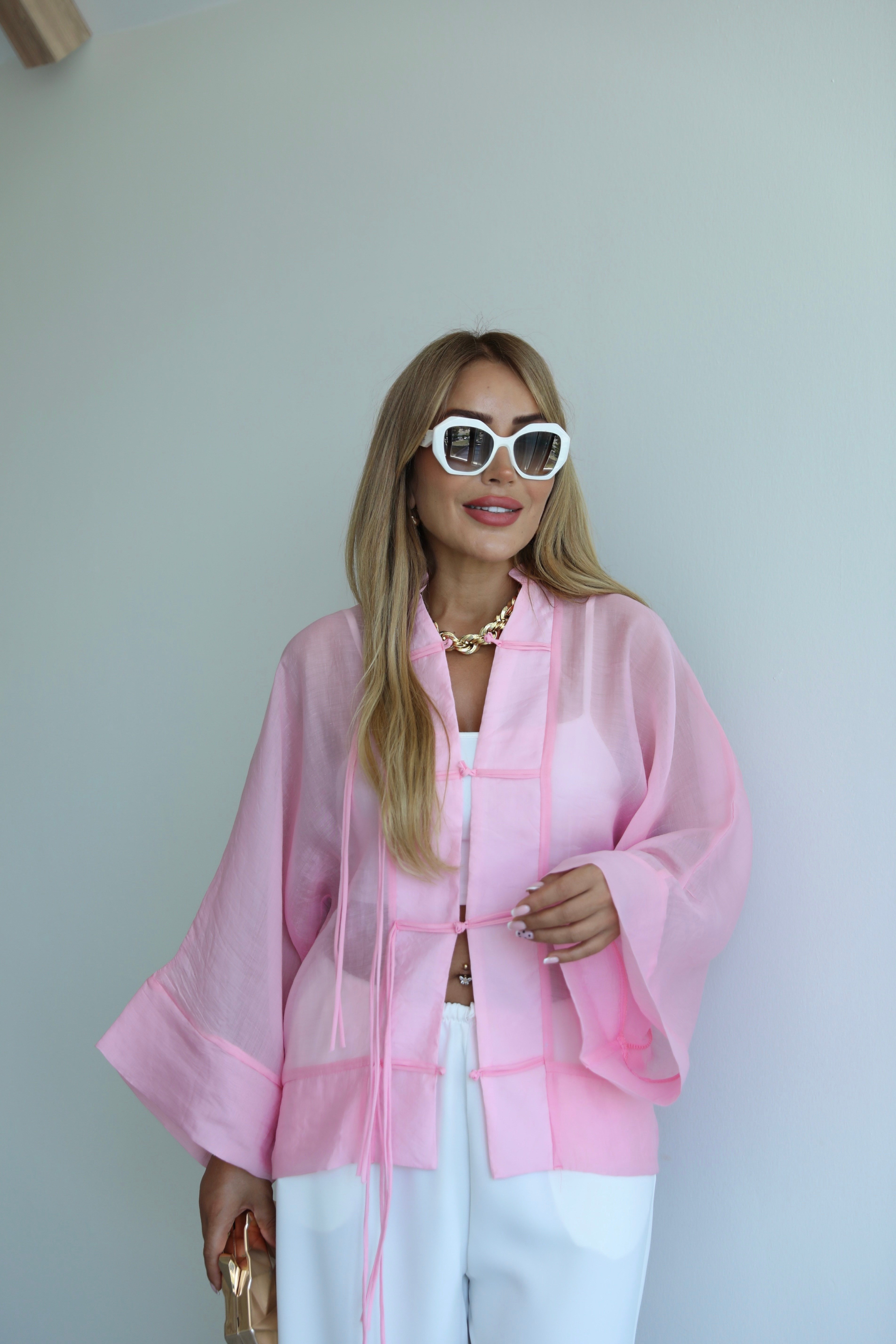 Pembe Bağlamalı Kimono Gömlek
