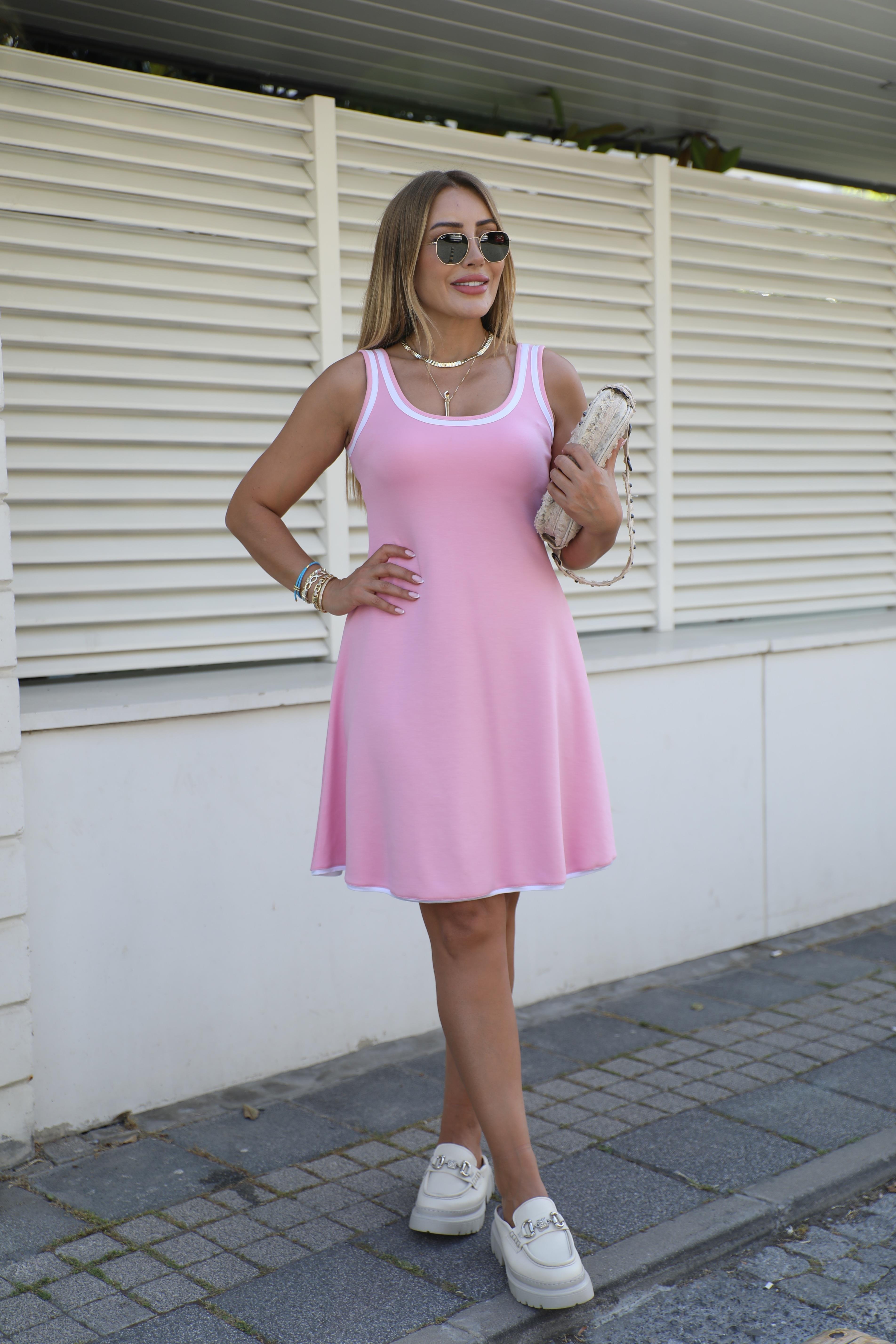Pembe Beyaz Kalın Askılı Biyeli Elbise