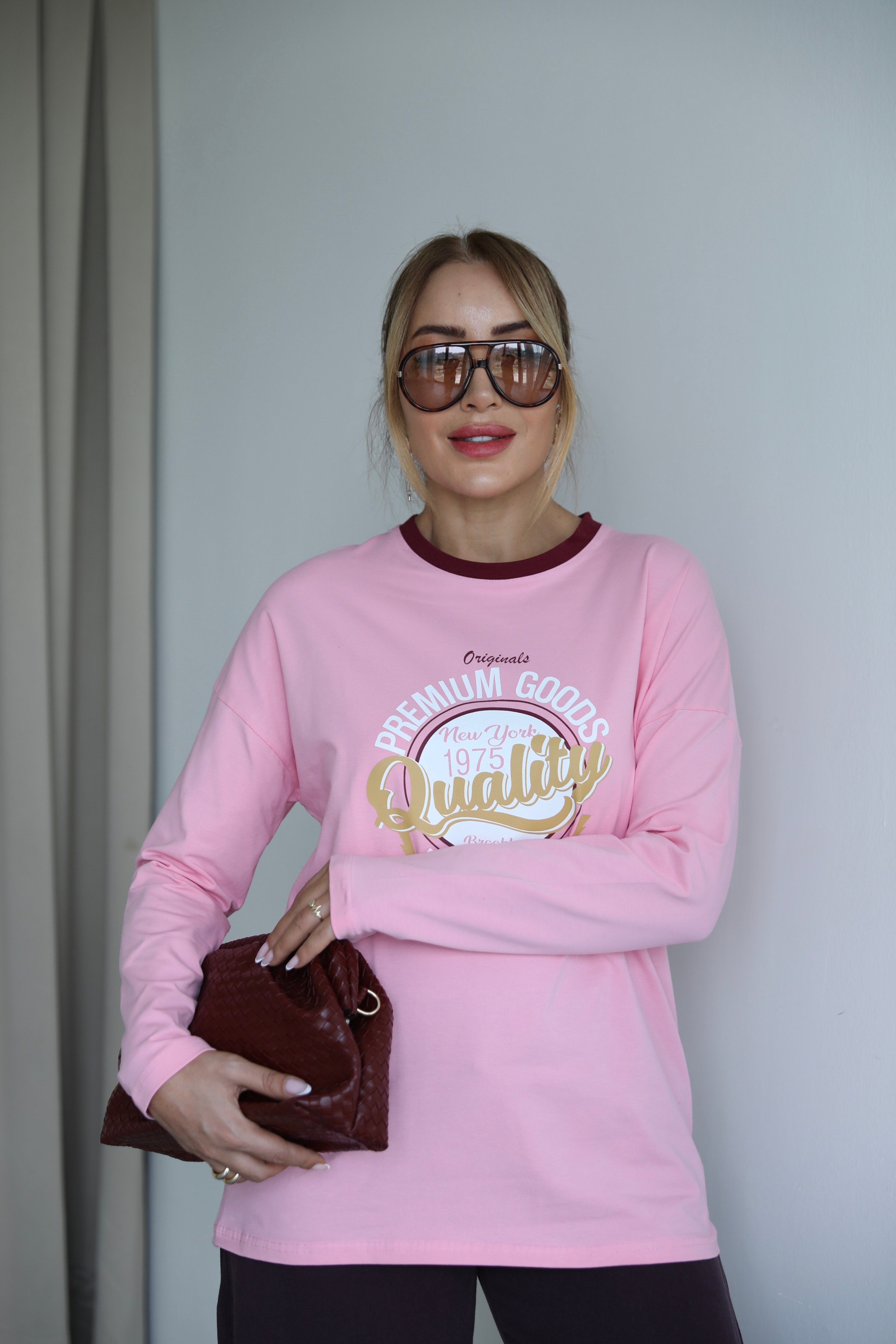 Pembe Bordo Yazılı Basic T-shirt 