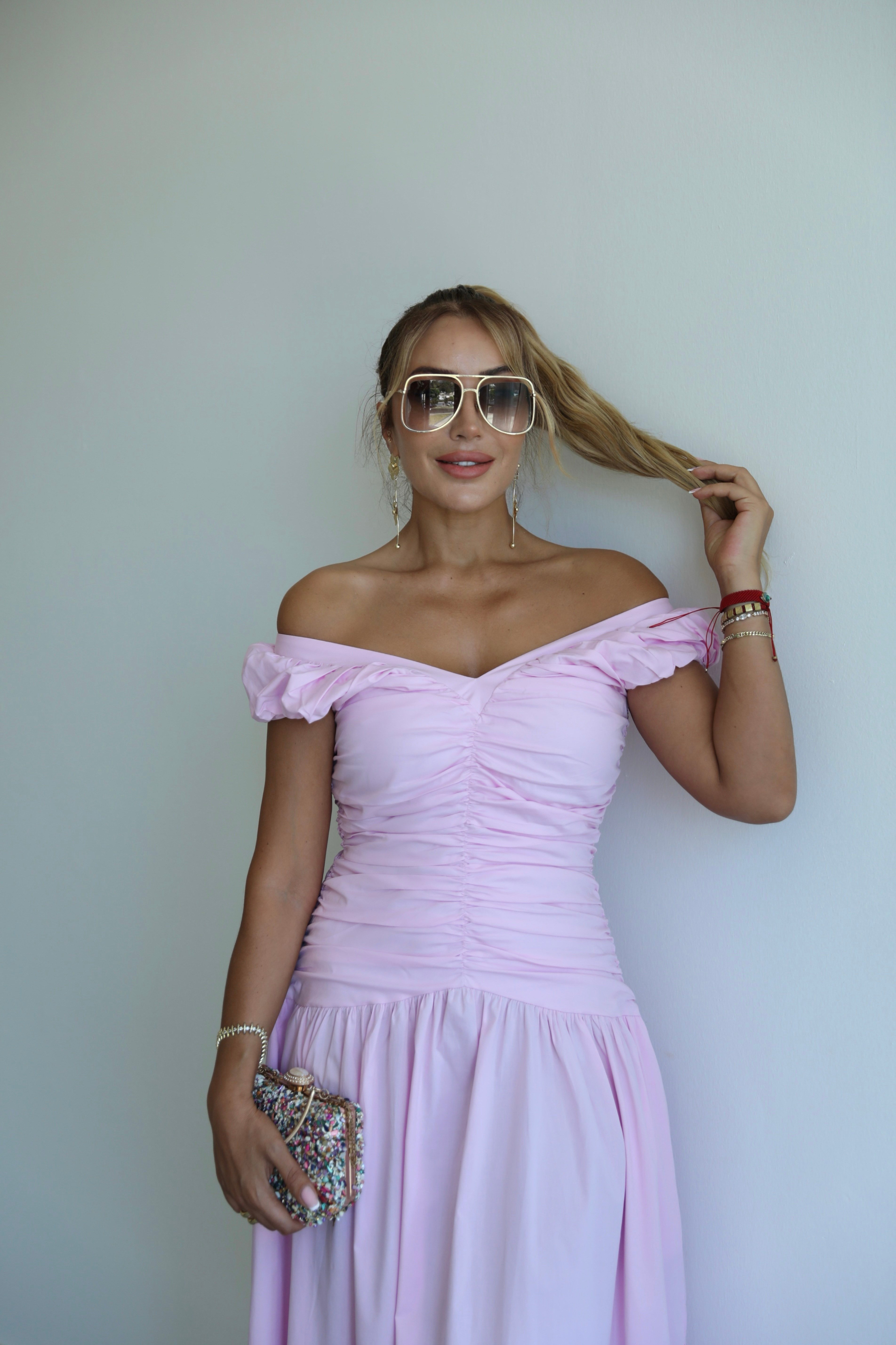 Pembe Büzgülü Poplin Elbise