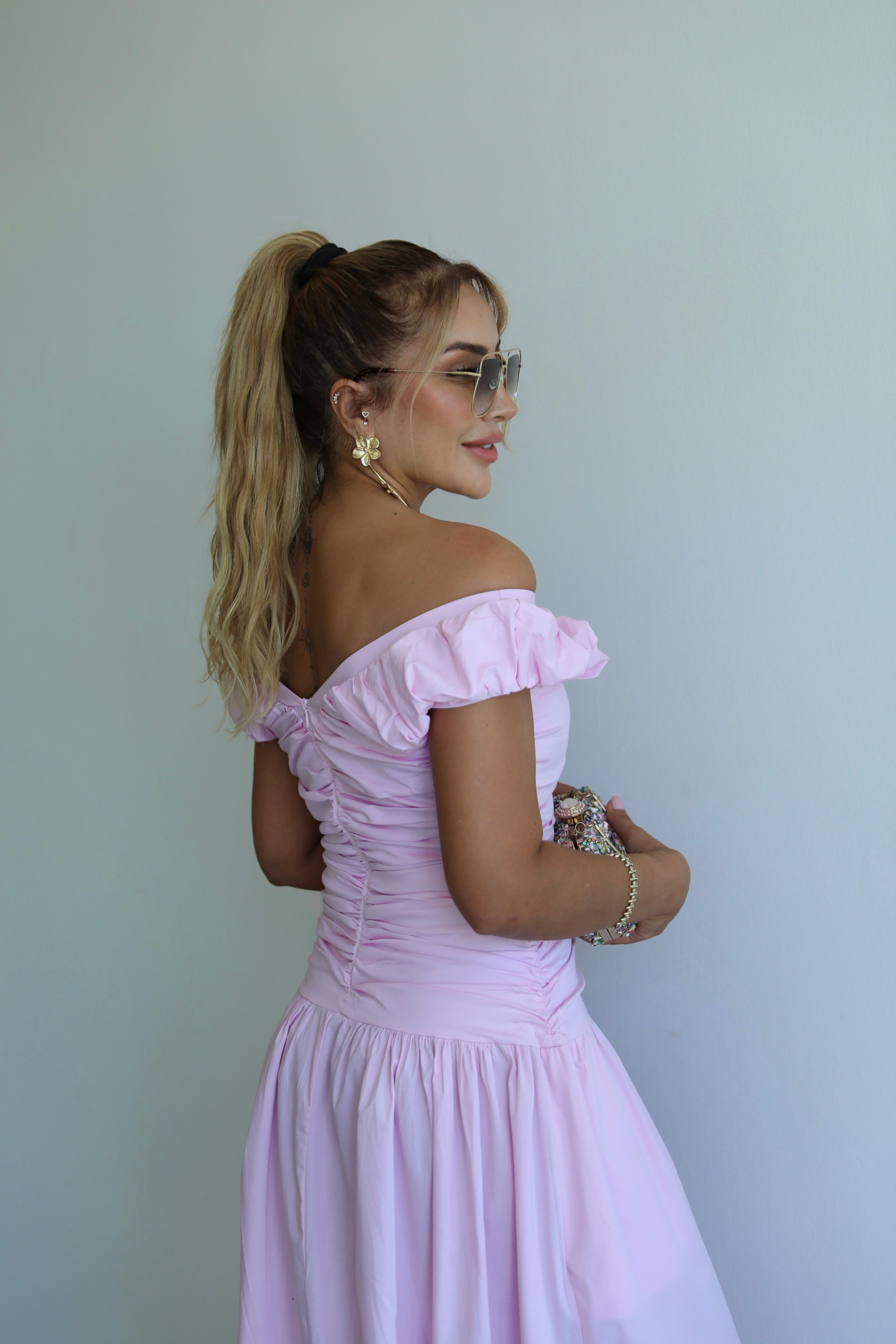 Pembe Büzgülü Poplin Elbise