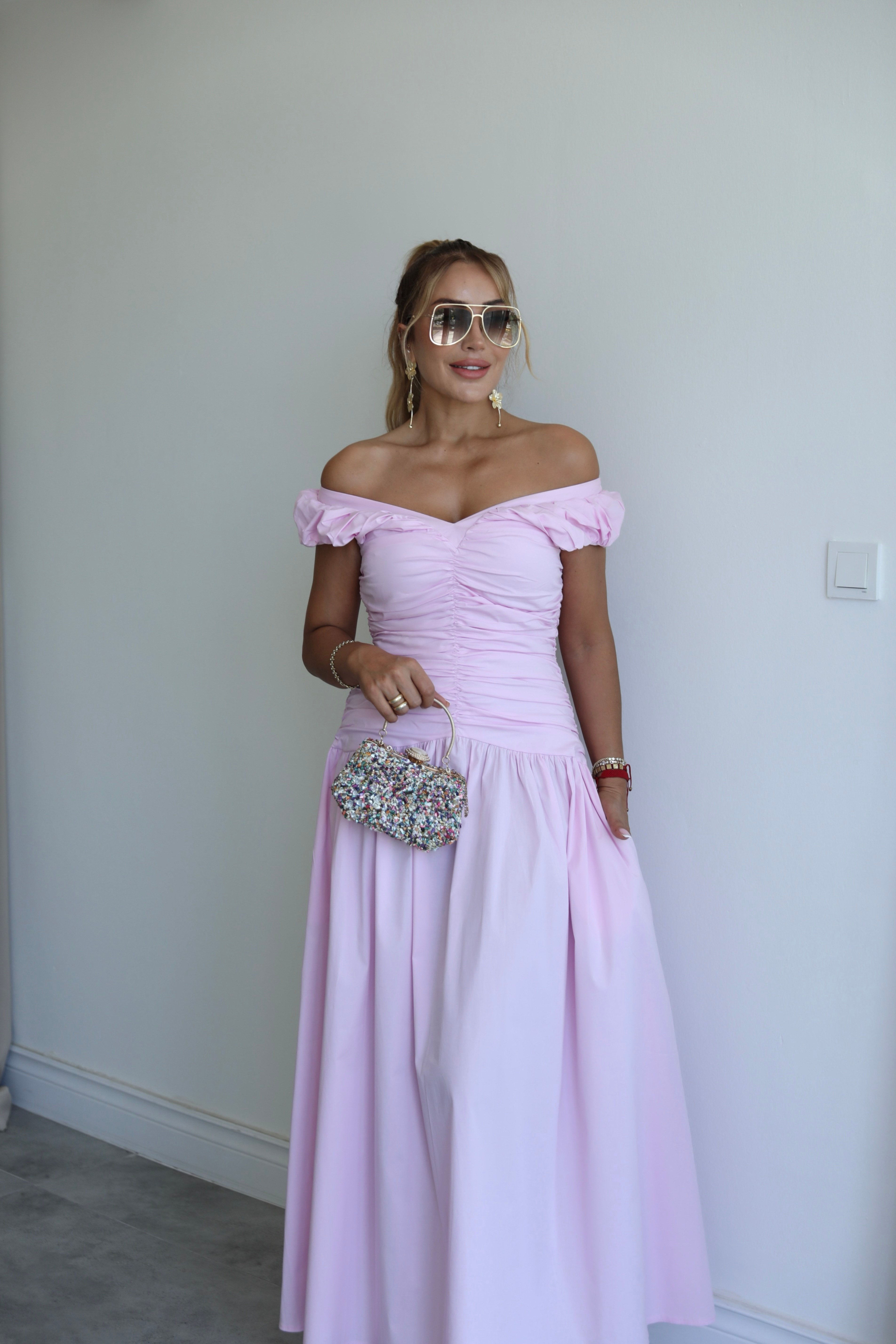 Pembe Büzgülü Poplin Elbise