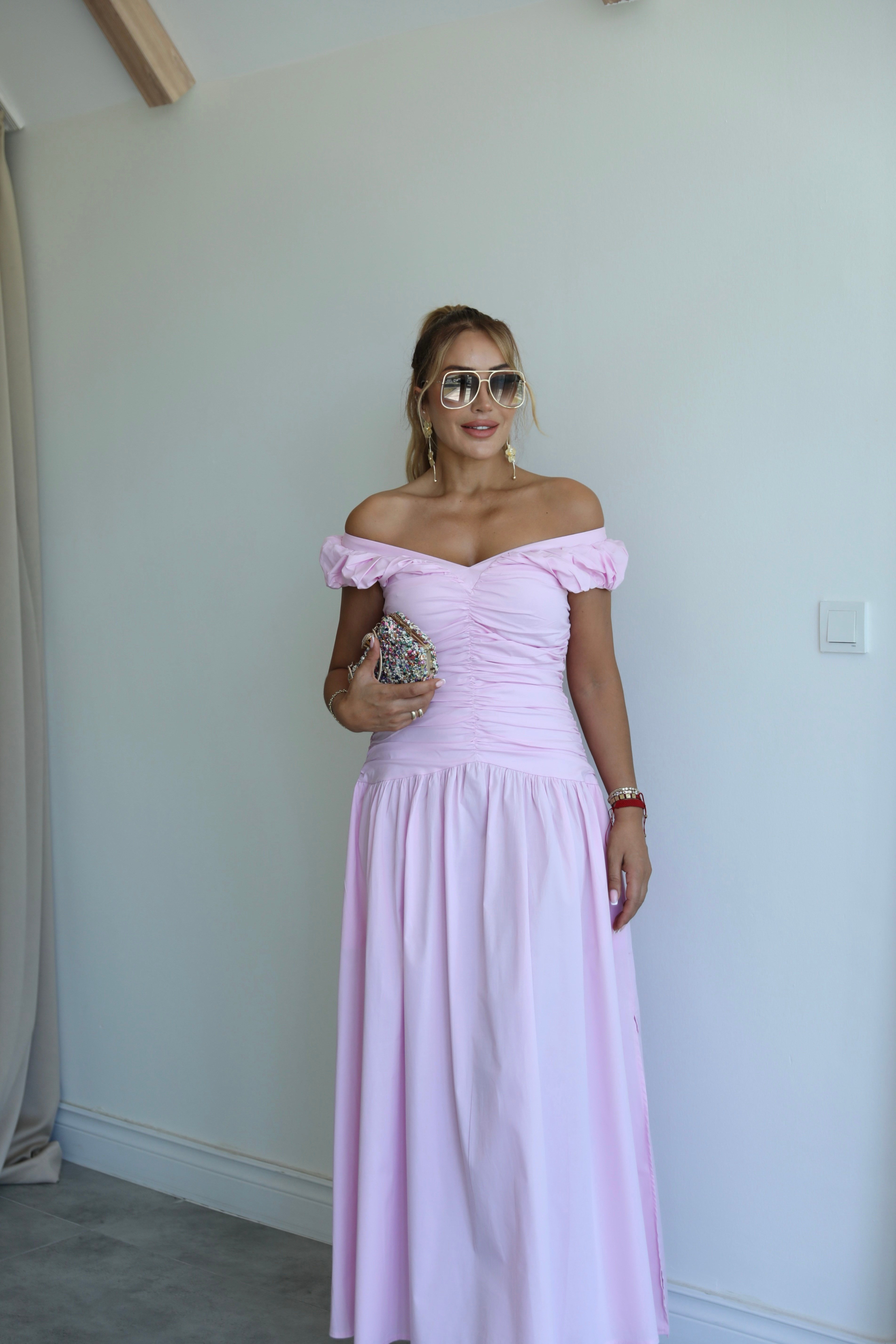 Pembe Büzgülü Poplin Elbise