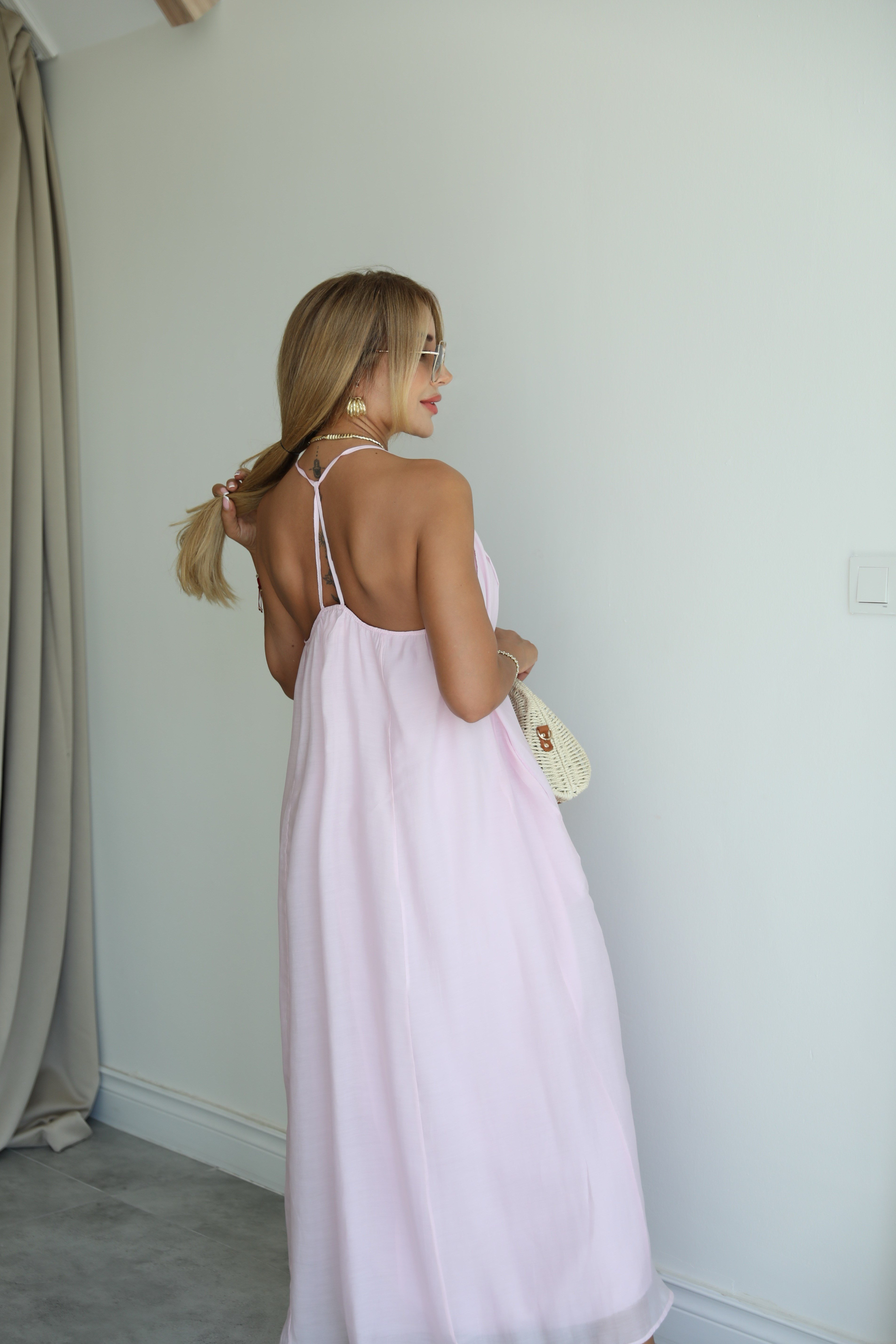 Pembe Çapraz Askılı Maxi Elbise 