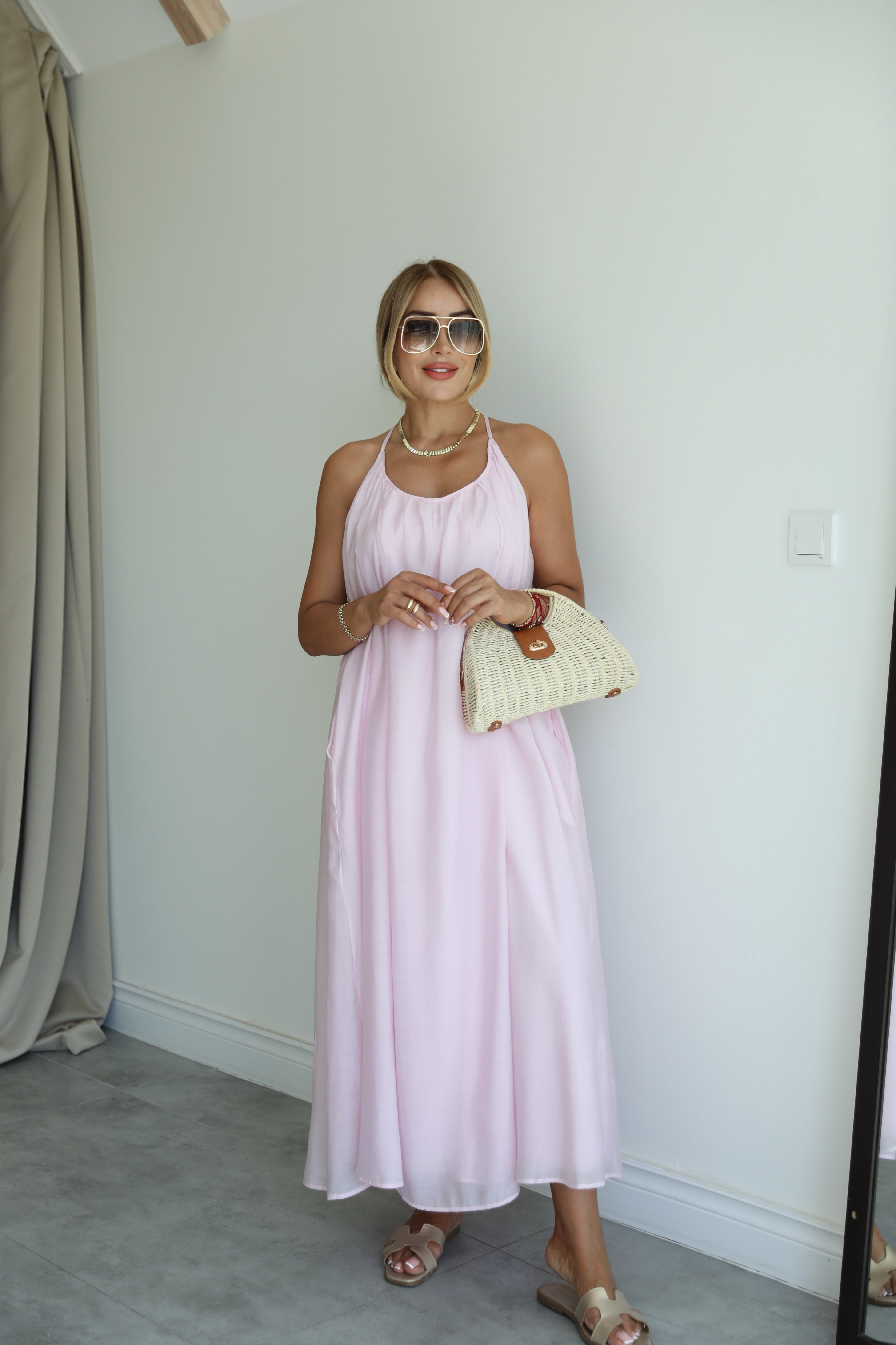 Pembe Çapraz Askılı Maxi Elbise 
