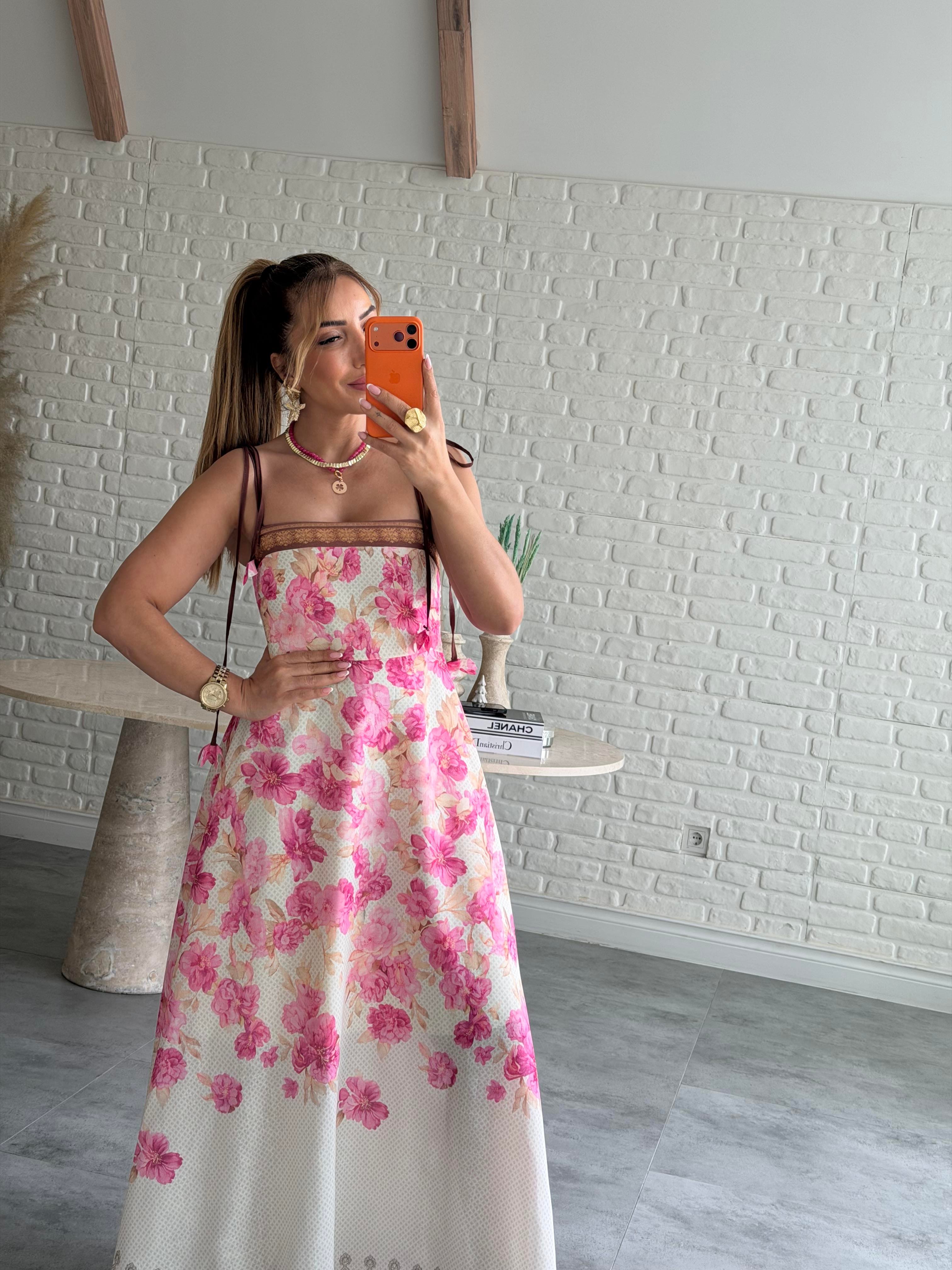 Pembe Çiçekli Askı Detaylı Keten Maxi Elbise