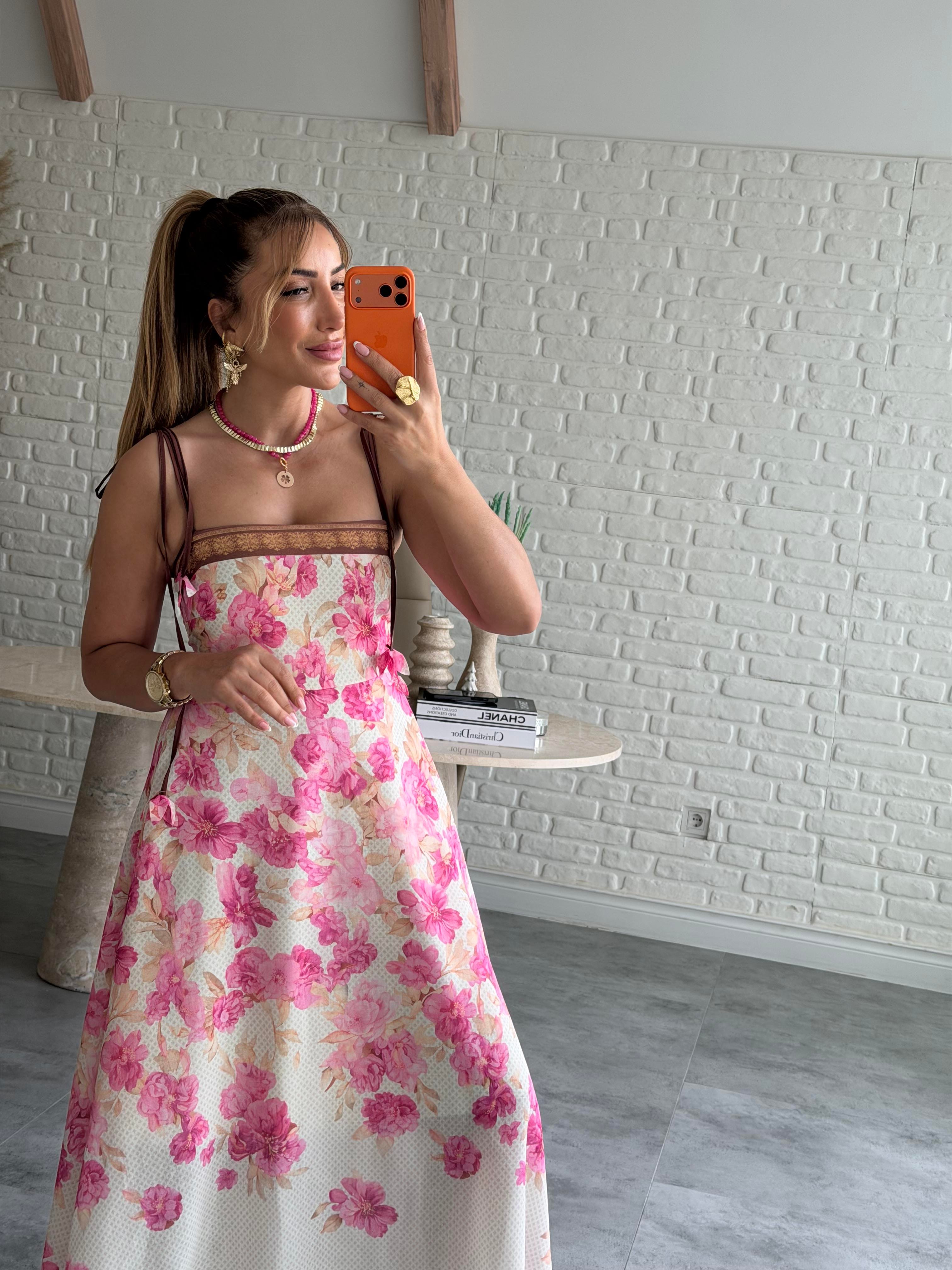 Pembe Çiçekli Askı Detaylı Keten Maxi Elbise