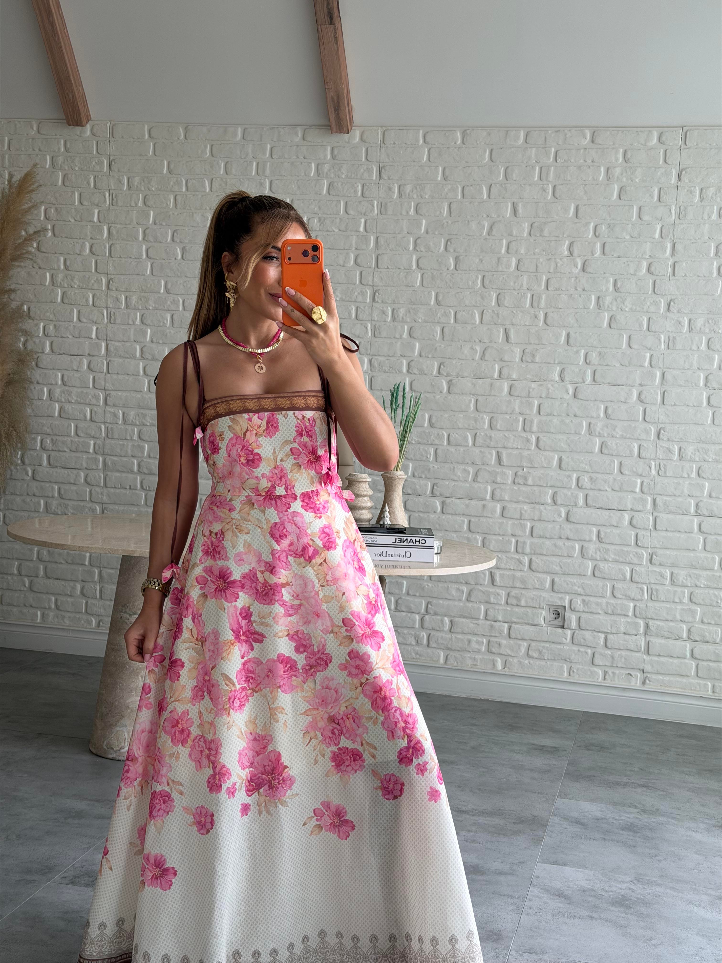 Pembe Çiçekli Askı Detaylı Keten Maxi Elbise