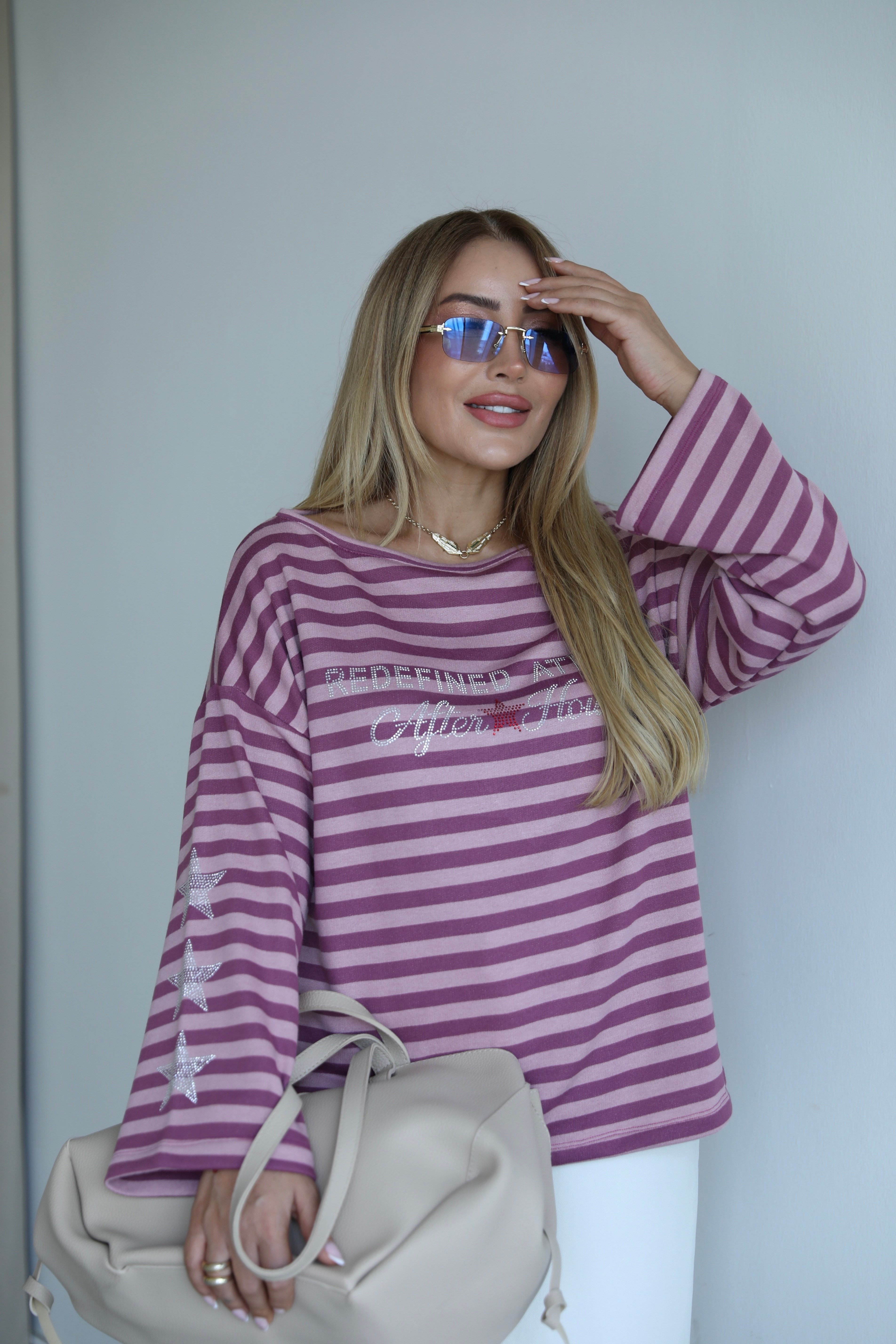 Pembe Çizgili Taş Detaylı Sweat