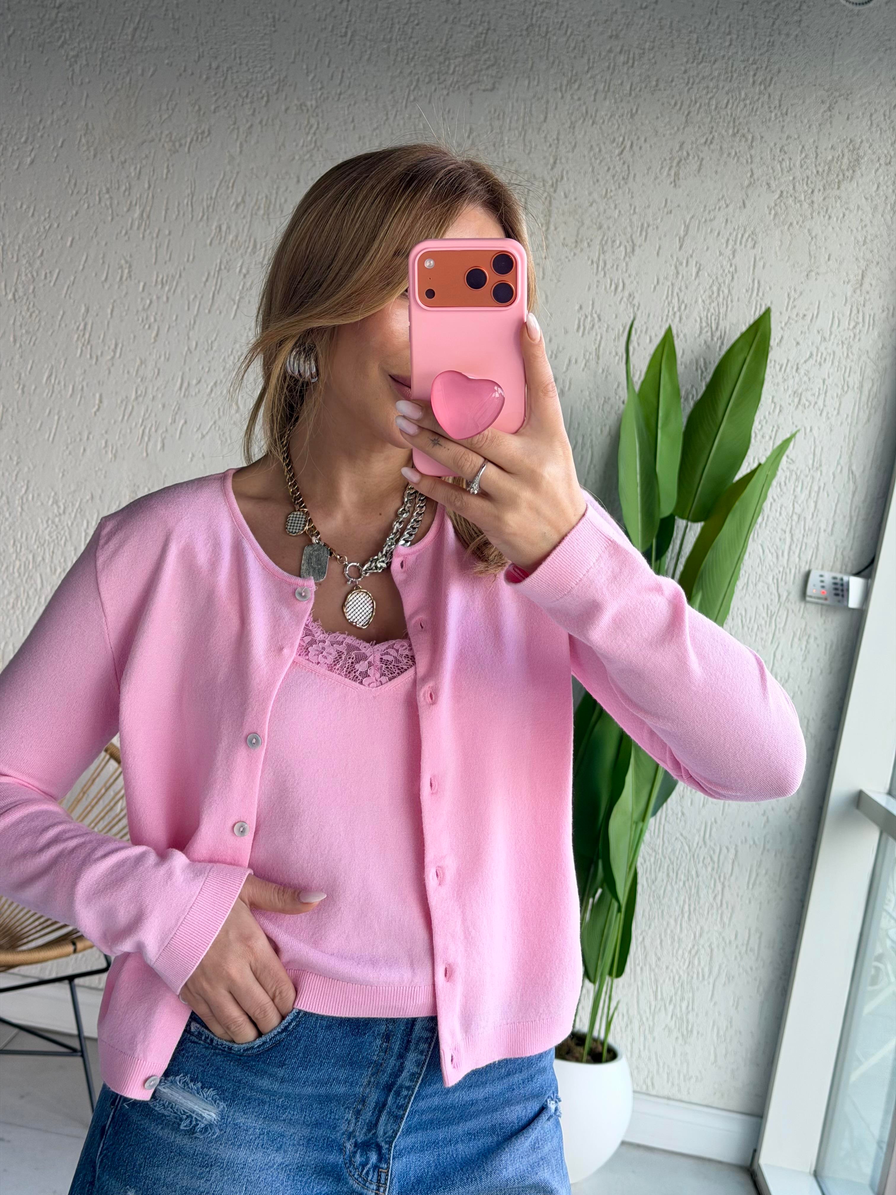Pembe Dantelli Hırkalı Bluz