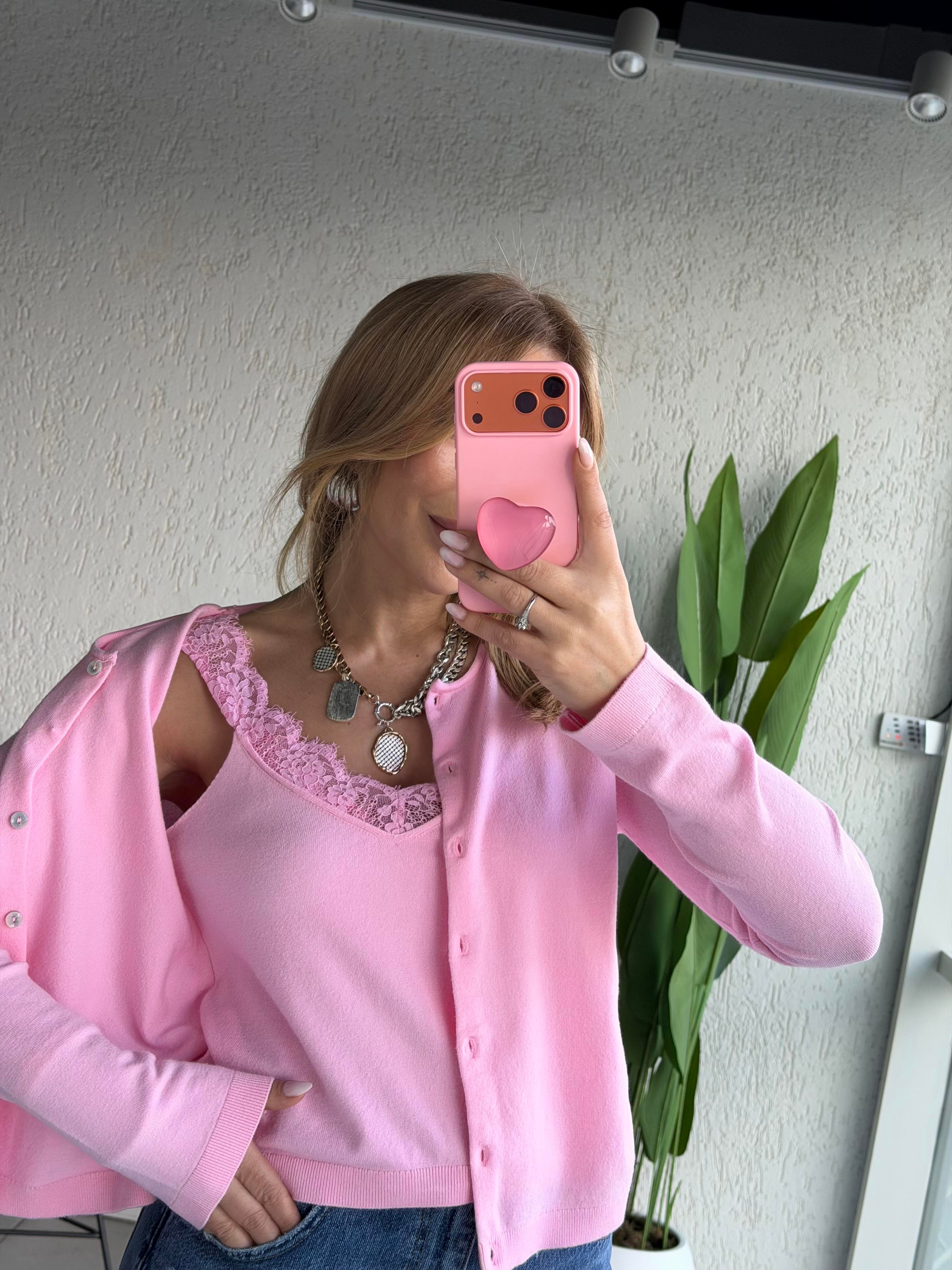 Pembe Dantelli Hırkalı Bluz