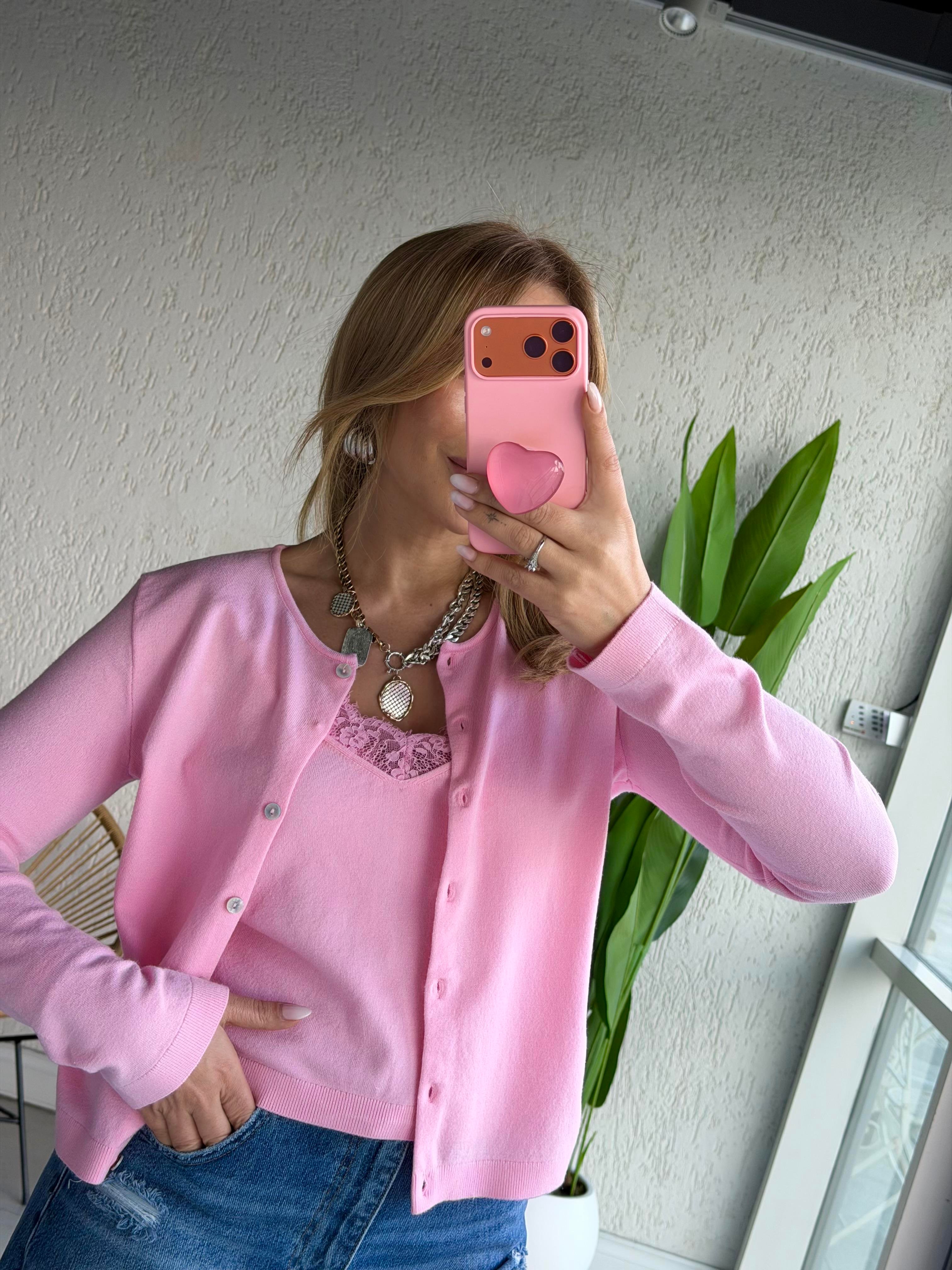 Pembe Dantelli Hırkalı Bluz