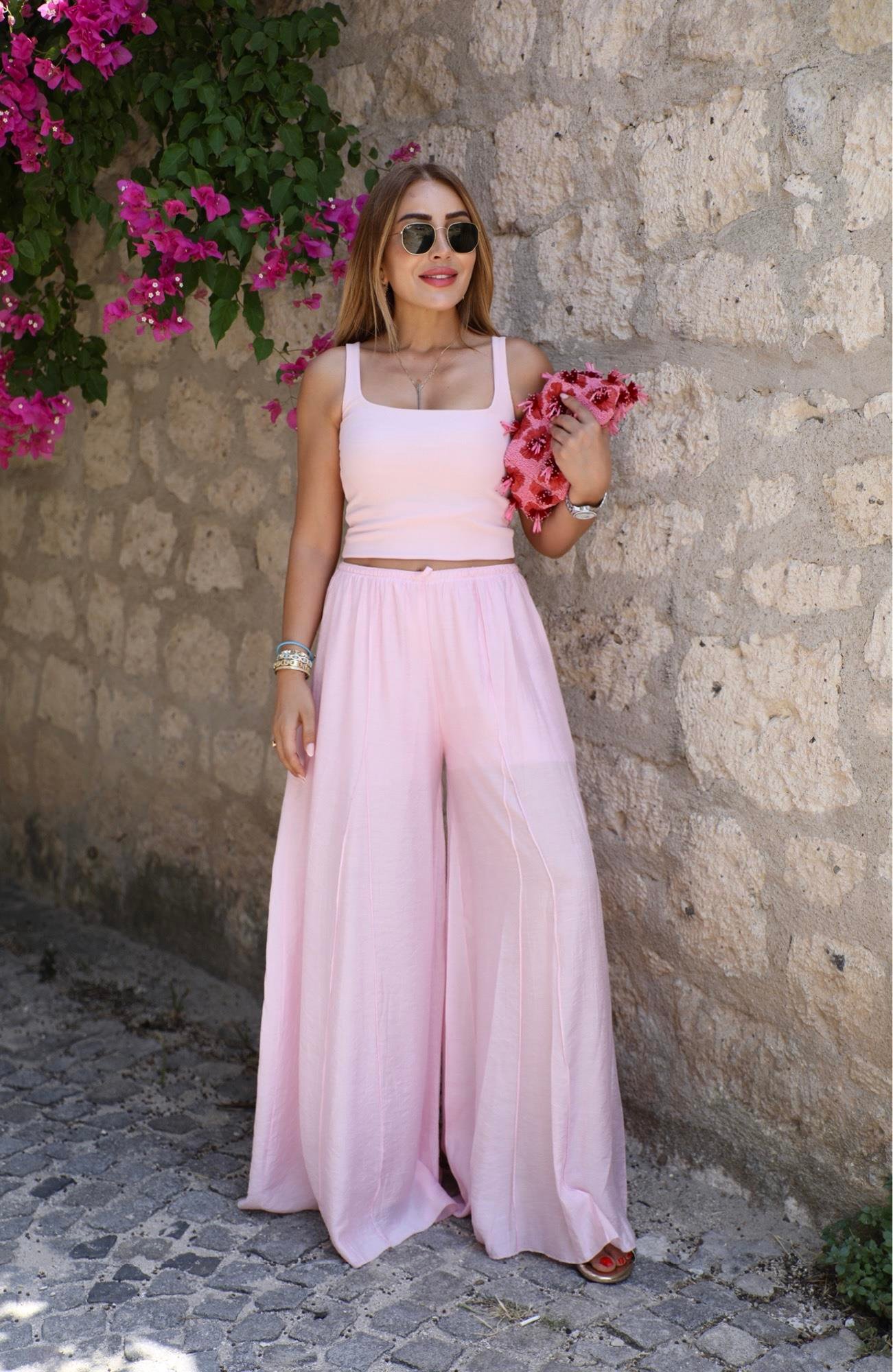 Pembe Dikiş Detaylı İspanyol Paça Keten Pantolon 