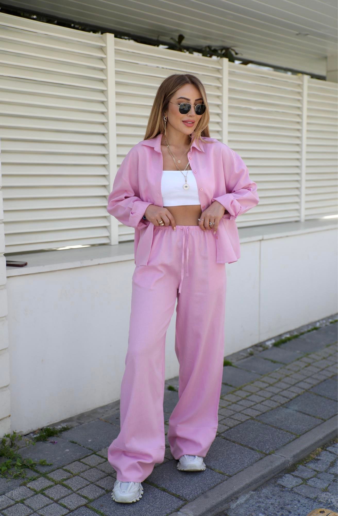 Pembe Duble Paça Keten Takım