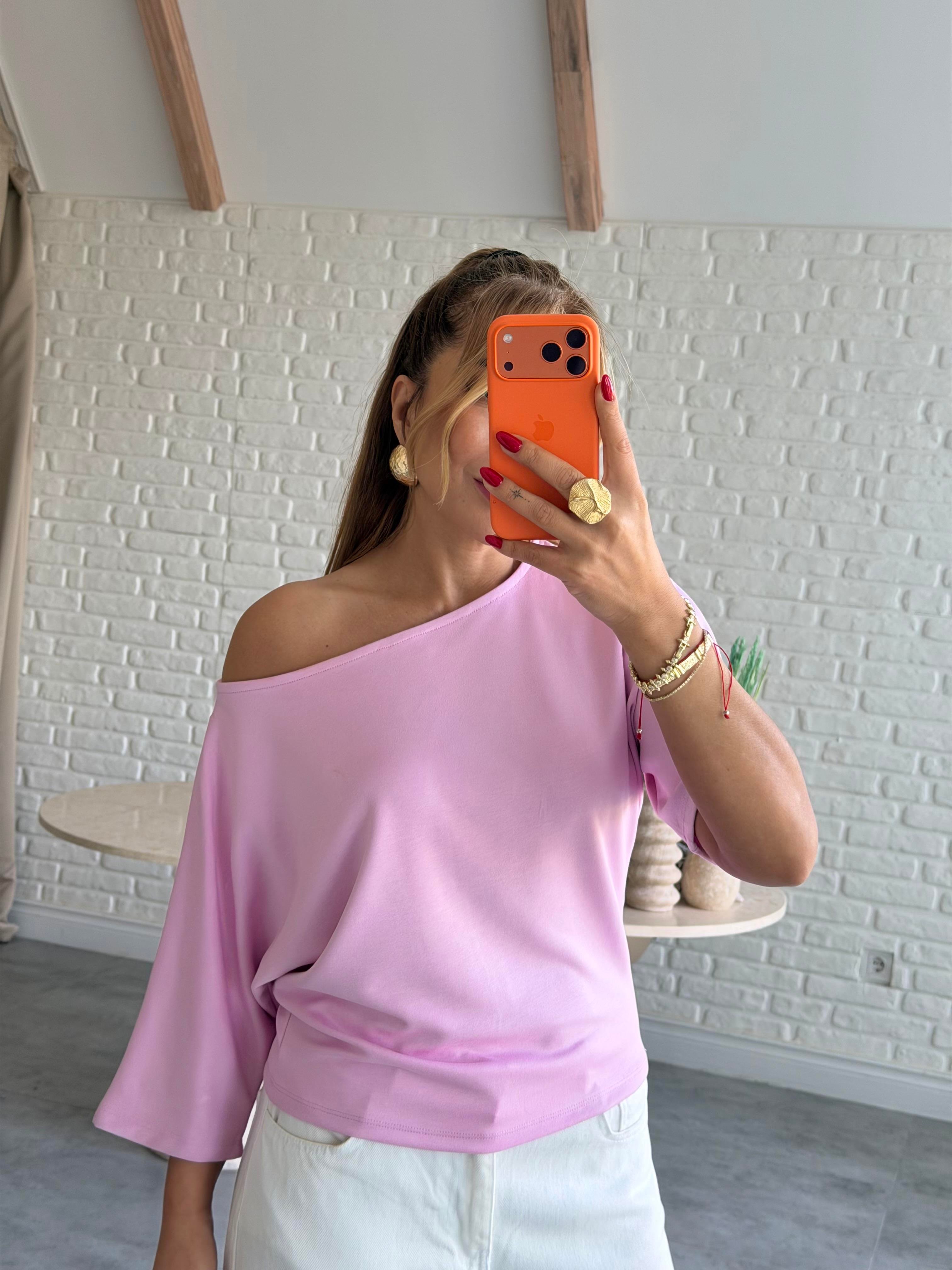 Pembe Düşük Omuz Basic T-shirt