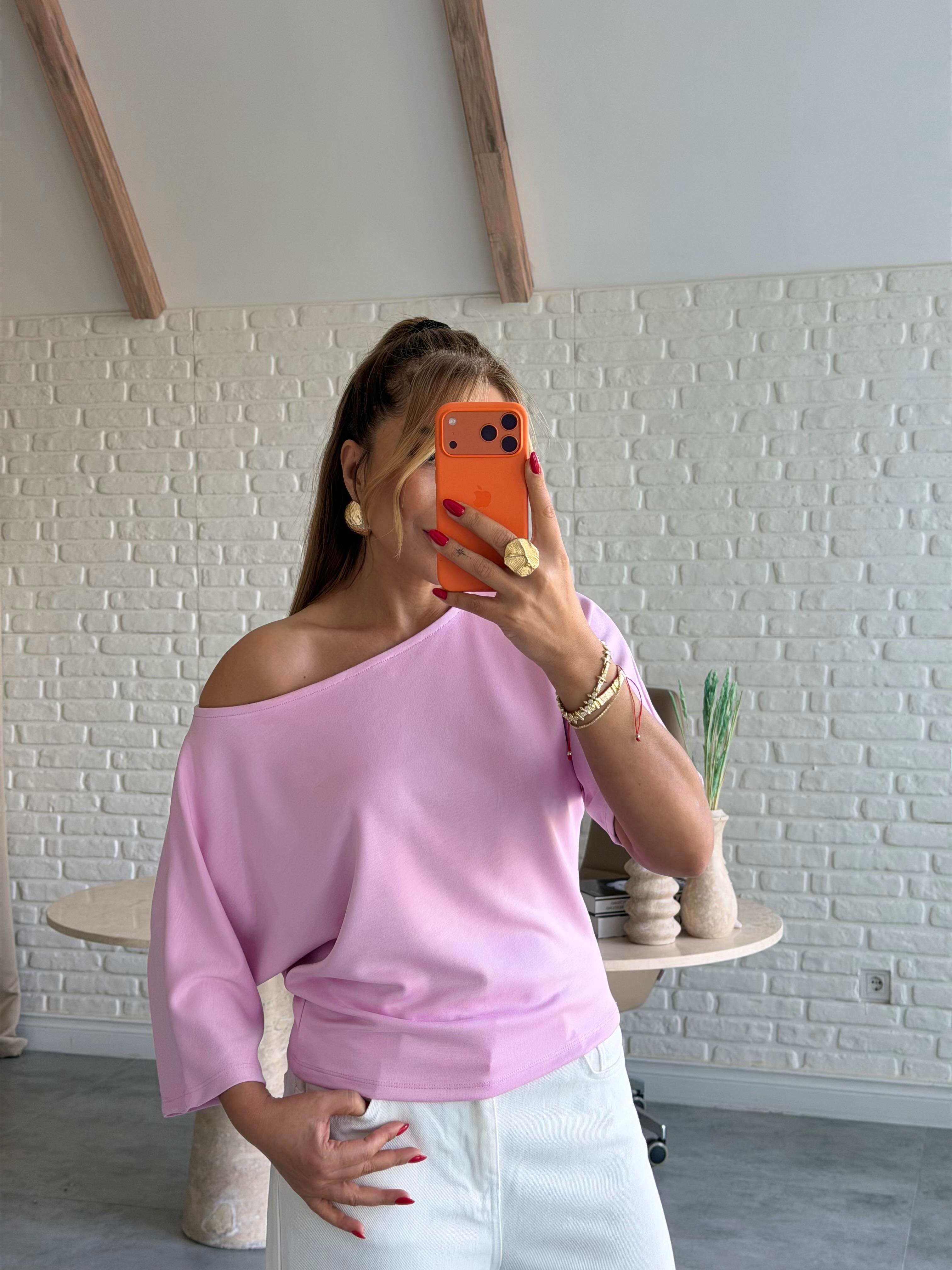 Pembe Düşük Omuz Basic T-shirt