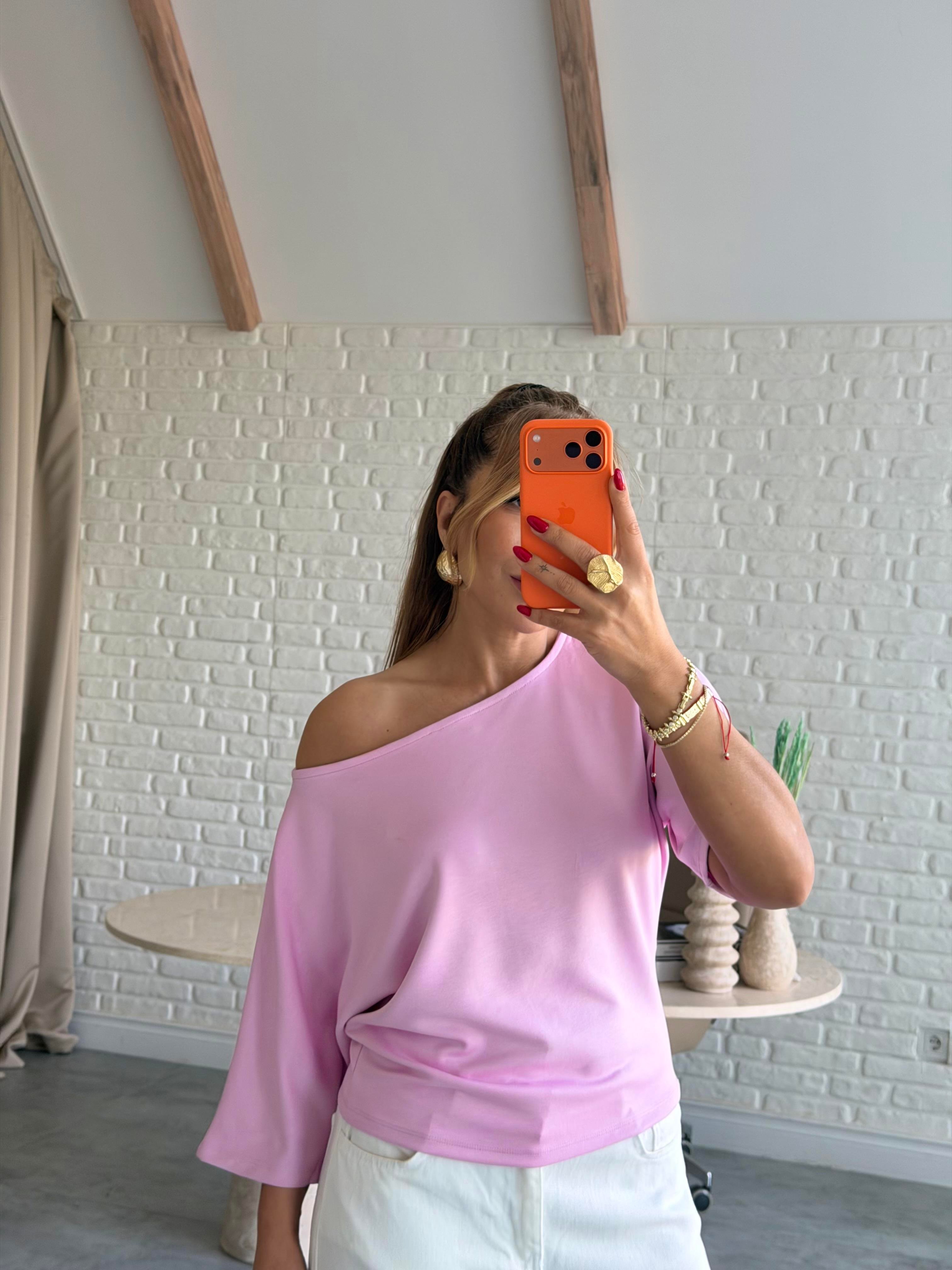 Pembe Düşük Omuz Basic T-shirt