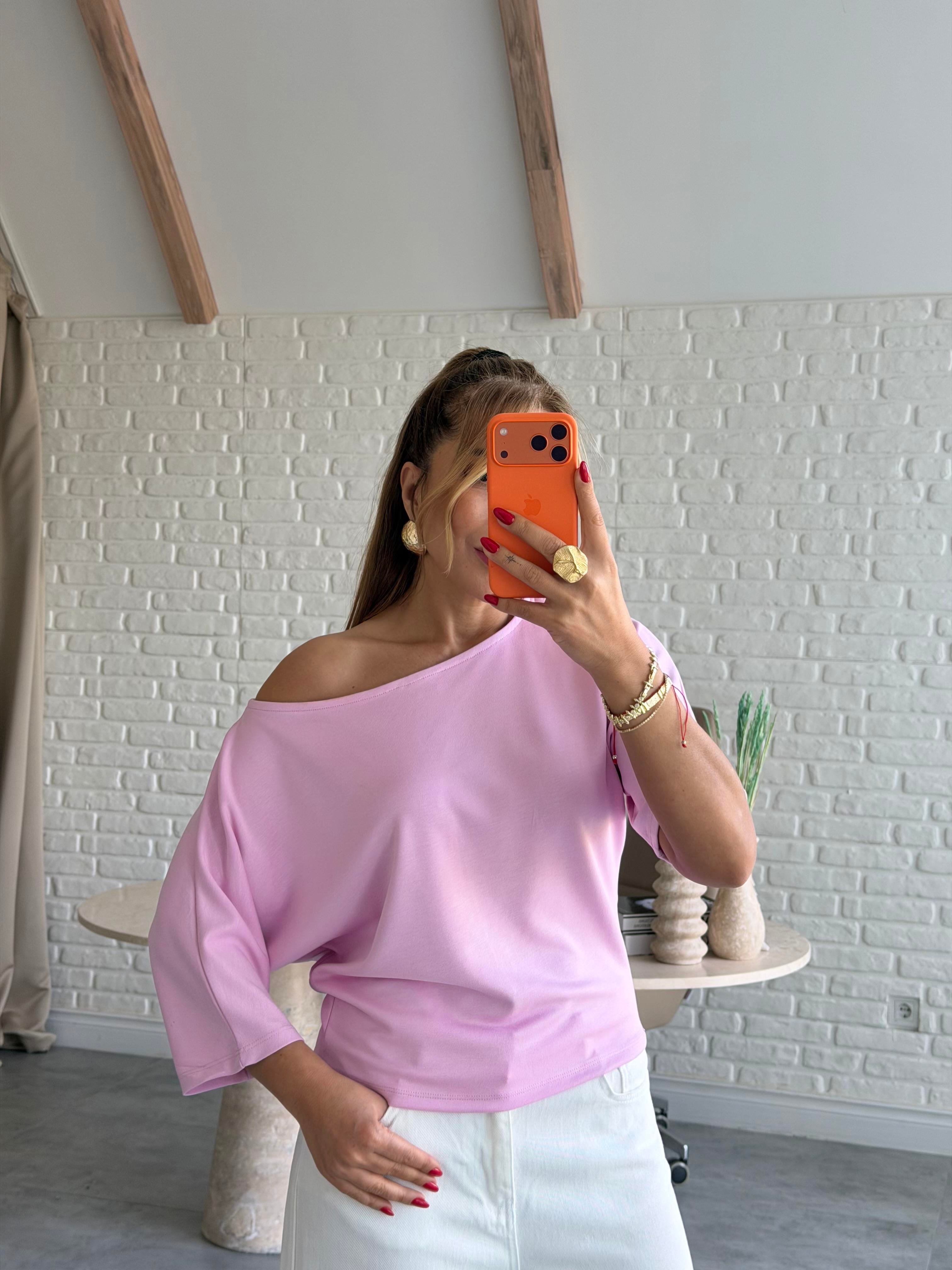 Pembe Düşük Omuz Basic T-shirt