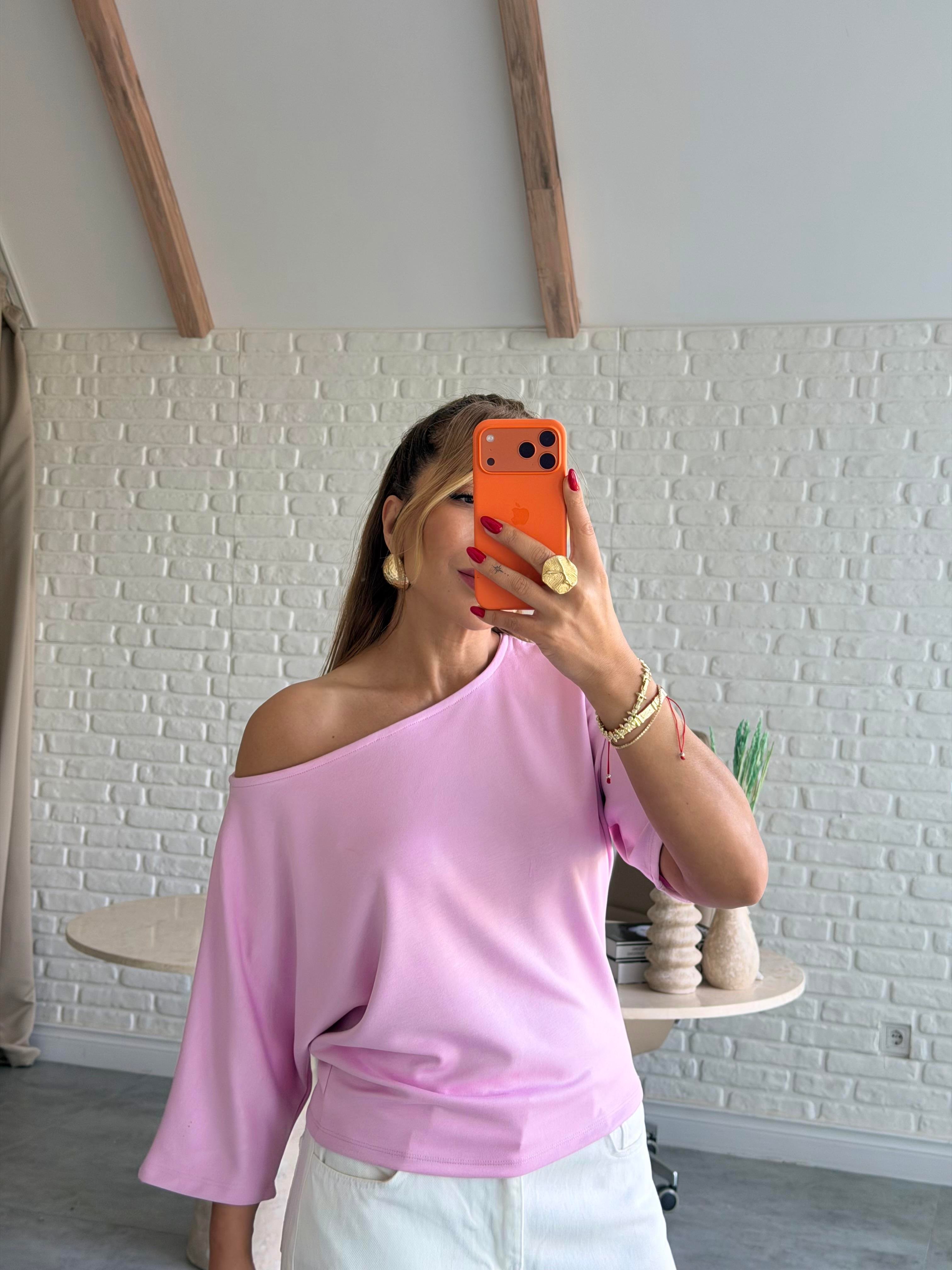 Pembe Düşük Omuz Basic T-shirt