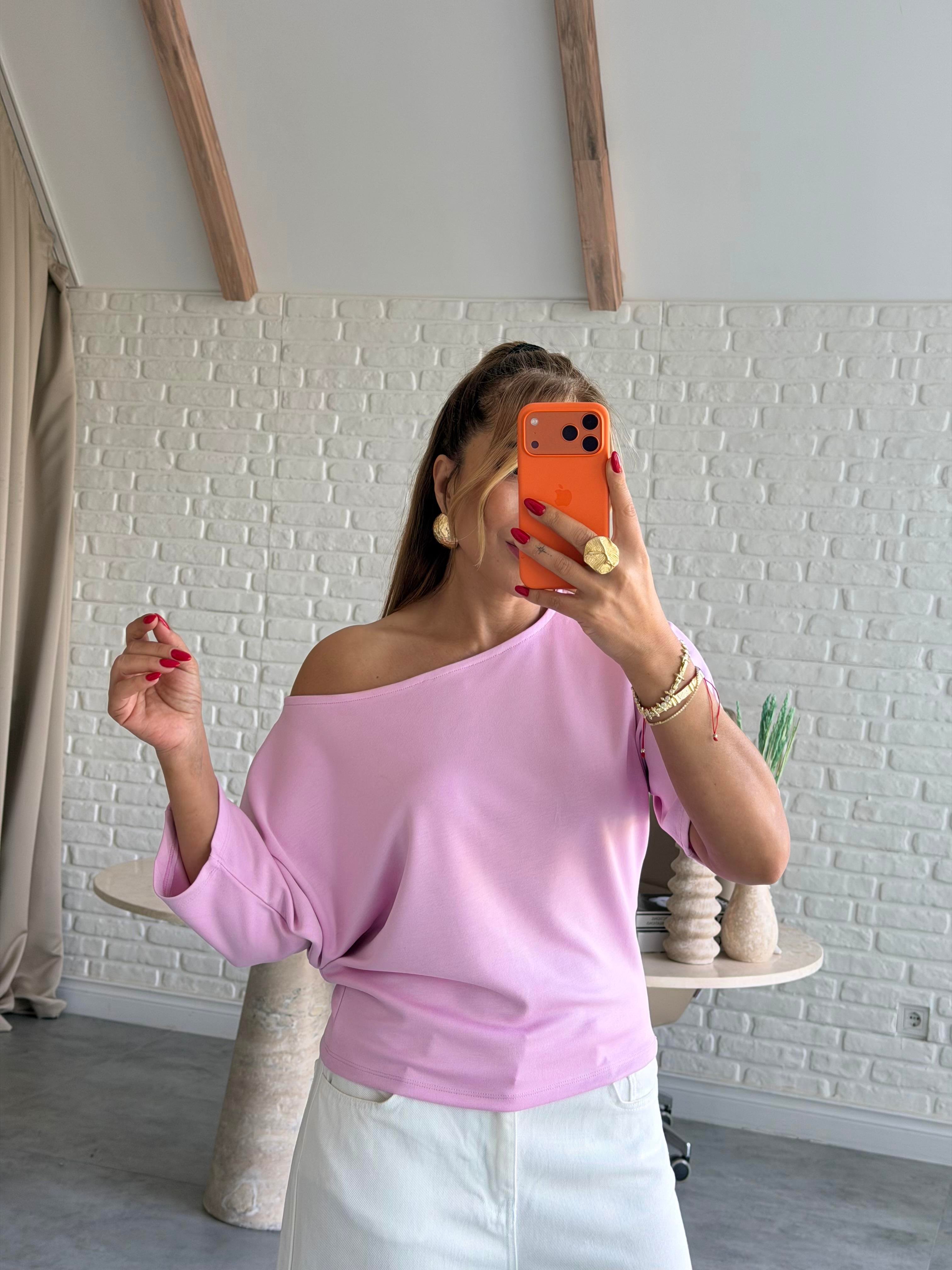 Pembe Düşük Omuz Basic T-shirt