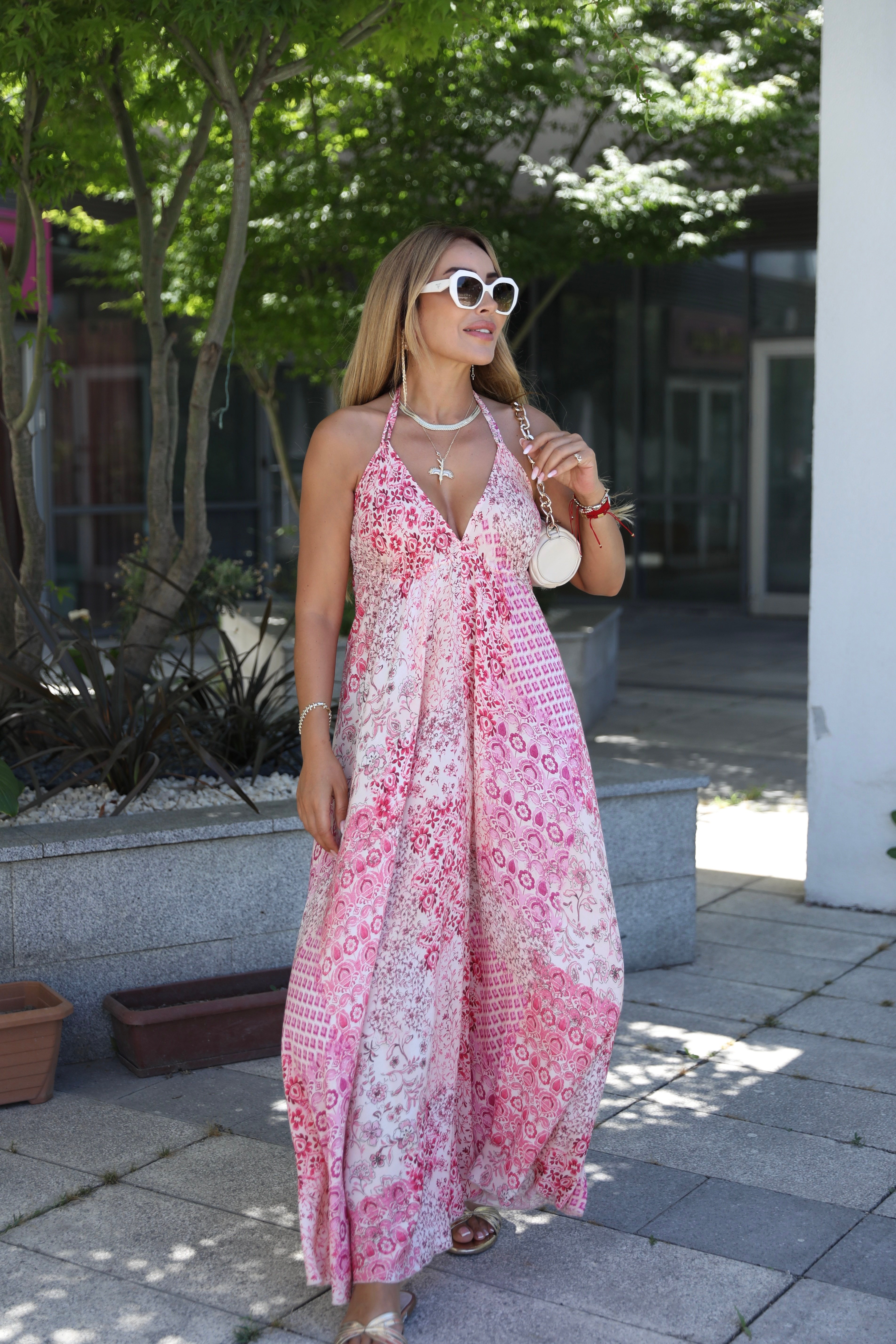 Pembe Etnik Desenli Bağlamalı Elbise