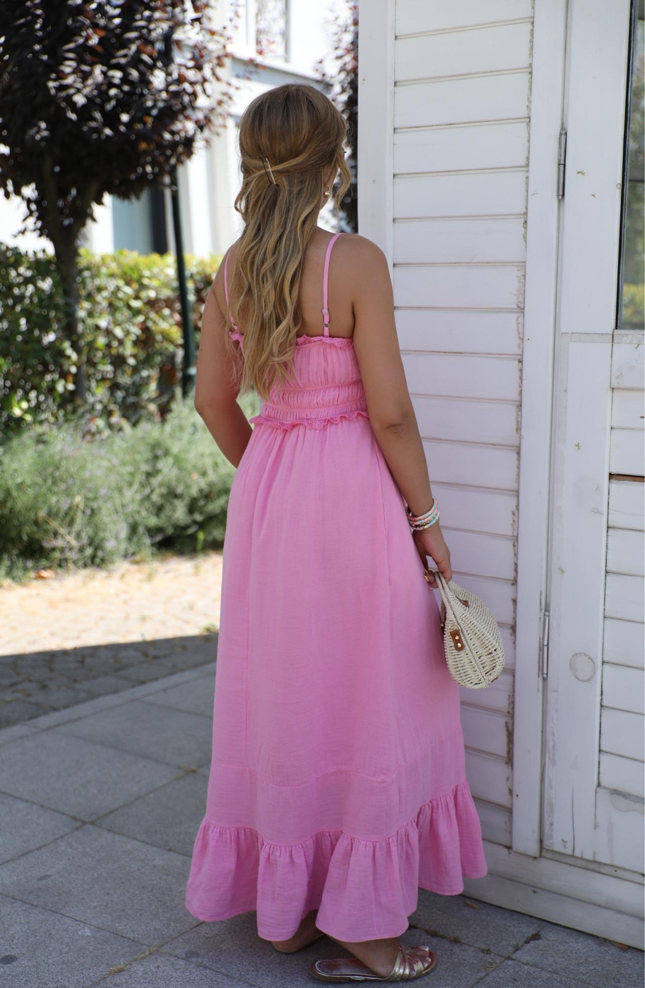 Pembe Fisto Detaylı Muslin Elbise