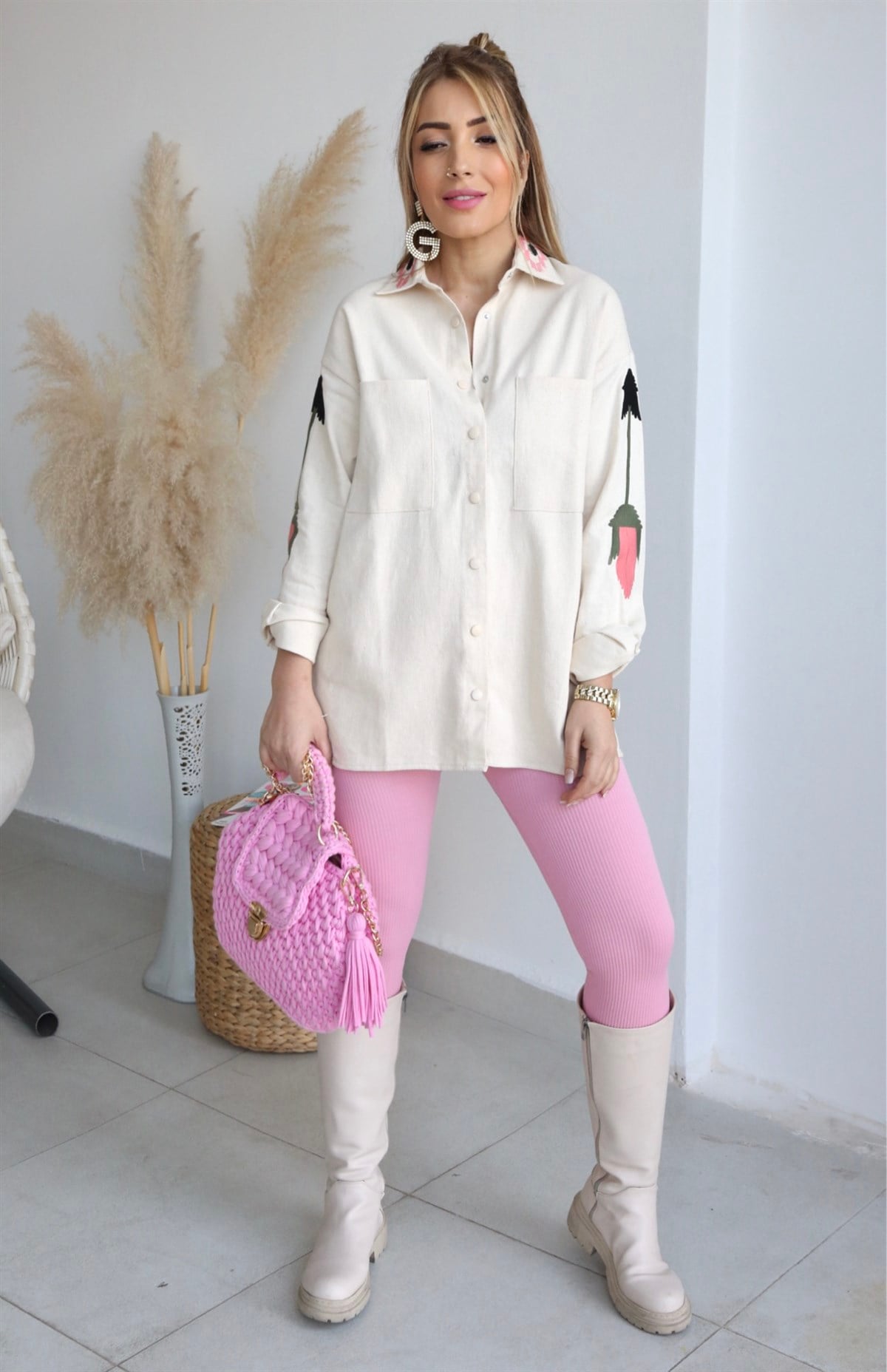 Pembe Fitilli Dikişsiz Tayt